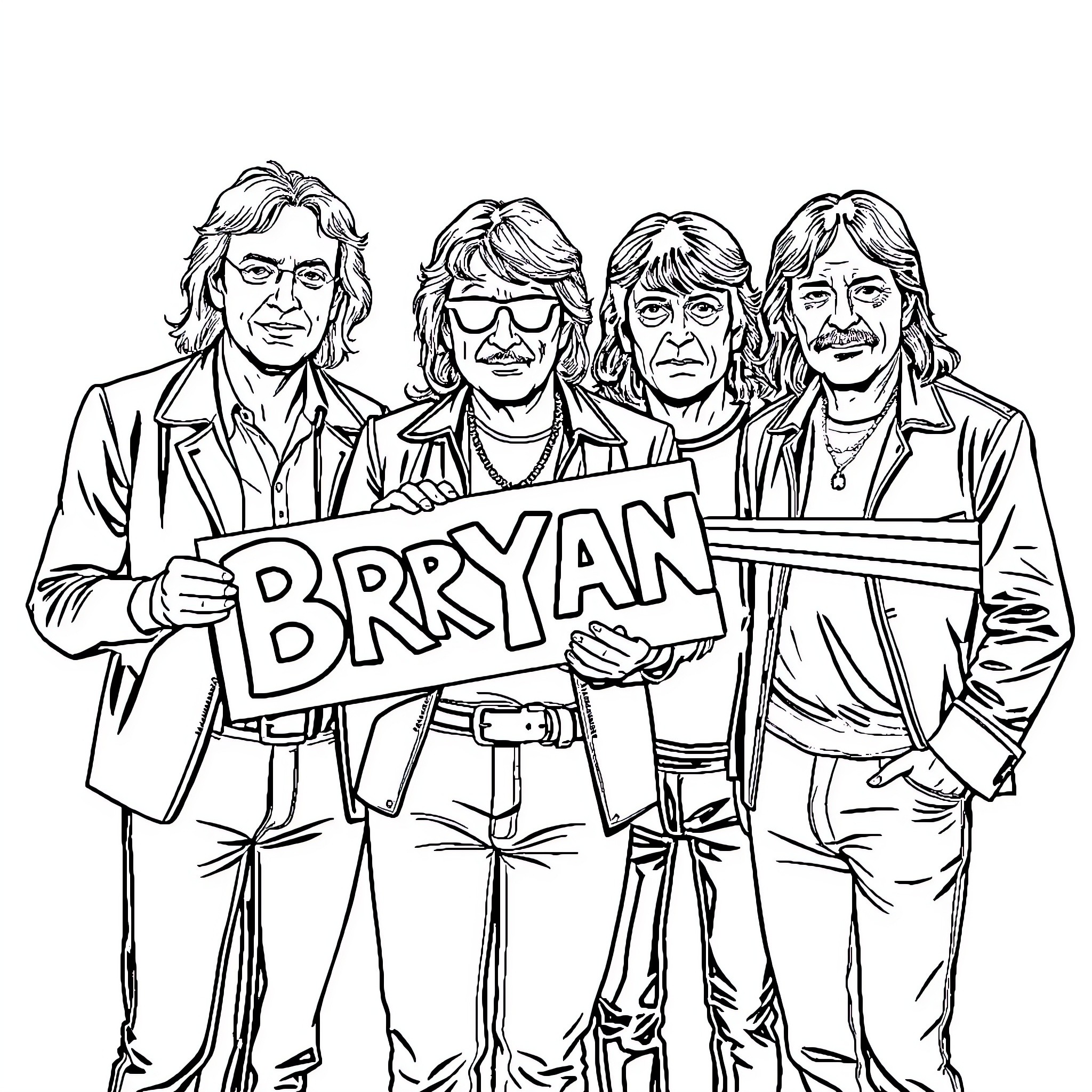 Pink Floyd Members Posing with Band Name Coloring Page (free black-and-white line drawing printable PDF for all, from beginners to advanced learners, including children, teens, adults, and seniors)