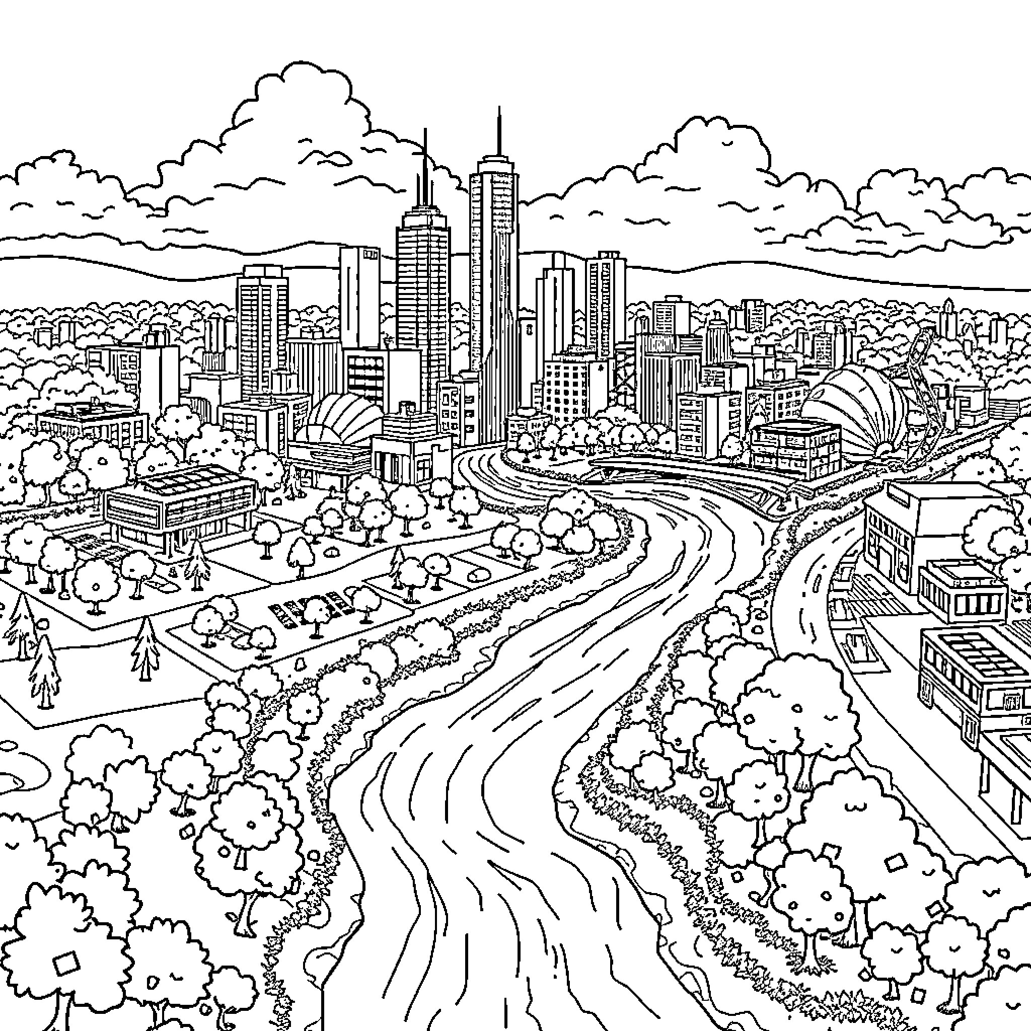 City landscape with winding roads and skyscrapers Coloring Page (free black-and-white line drawing printable PDF for all, from beginners to advanced learners, including children, teens, adults, and seniors)