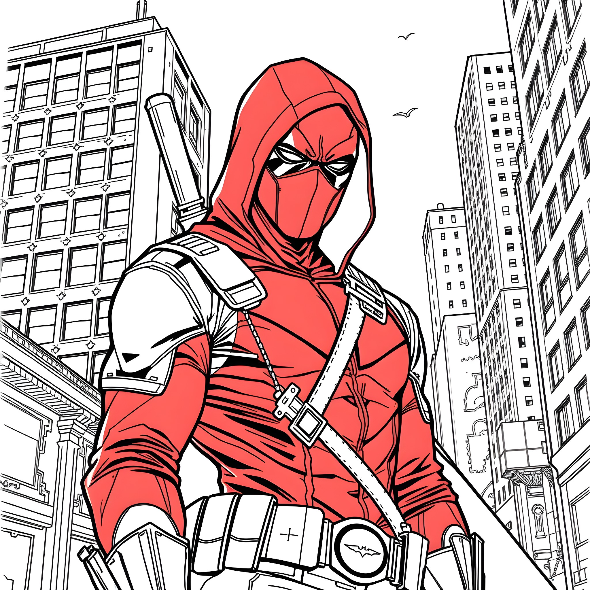Red Hood in Action in the City Coloring Page (free black-and-white line drawing printable PDF for all, from beginners to advanced learners, including children, teens, adults, and seniors)