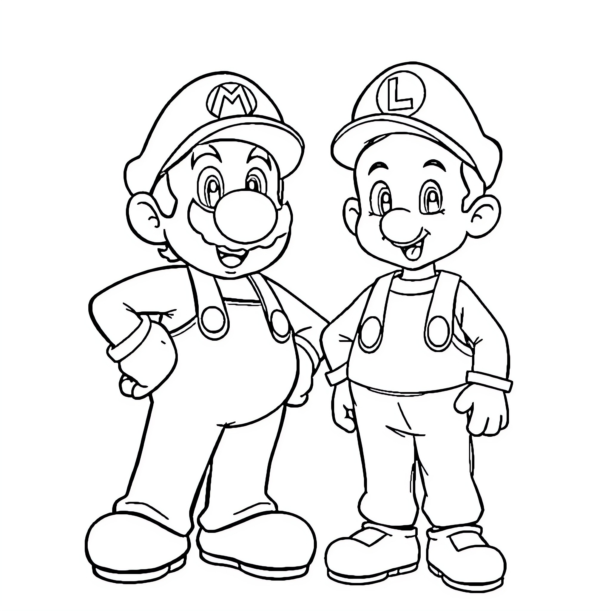 Mario and Luigi posing together happily Coloring Page (free black-and-white line drawing printable PDF for all, from beginners to advanced learners, including children, teens, adults, and seniors)