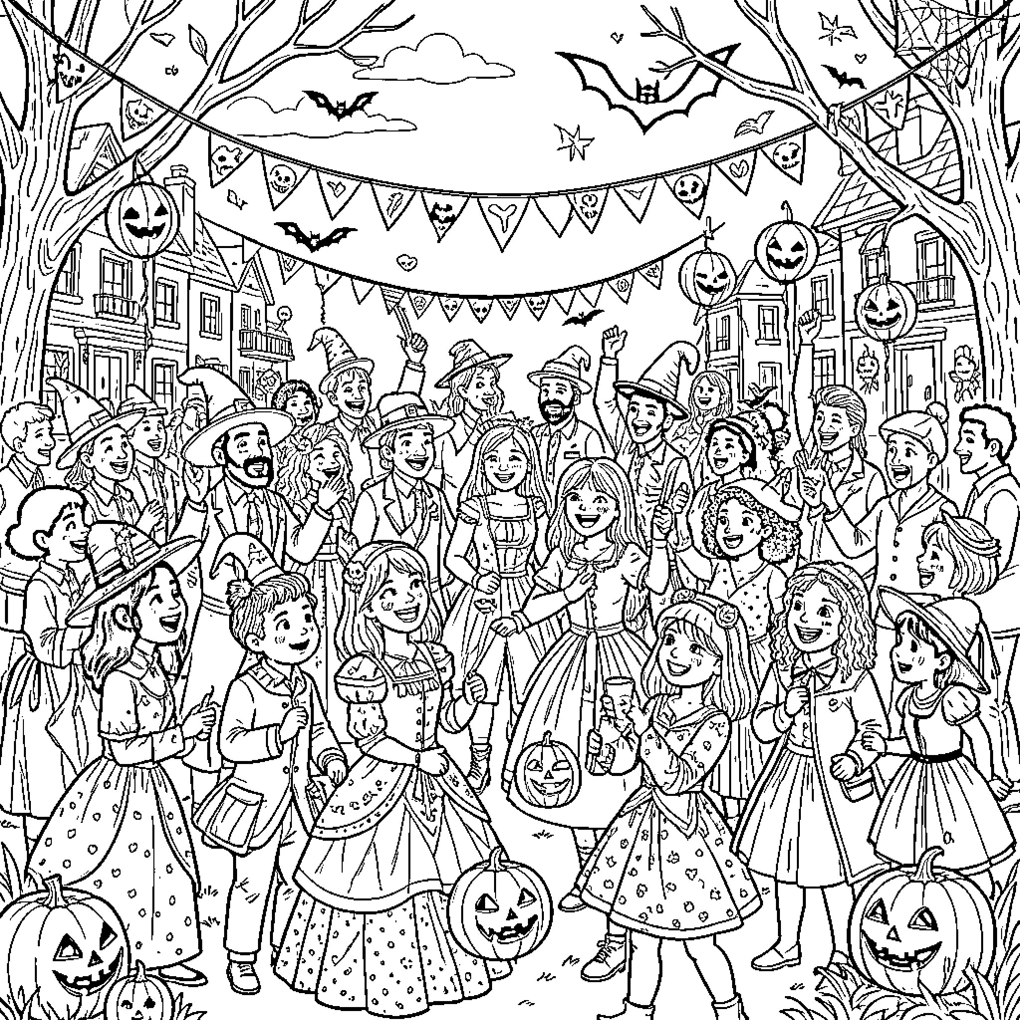 Halloween celebration with children in various costumes Coloring Page (free black-and-white line drawing printable PDF for all, from beginners to advanced learners, including children, teens, adults, and seniors)