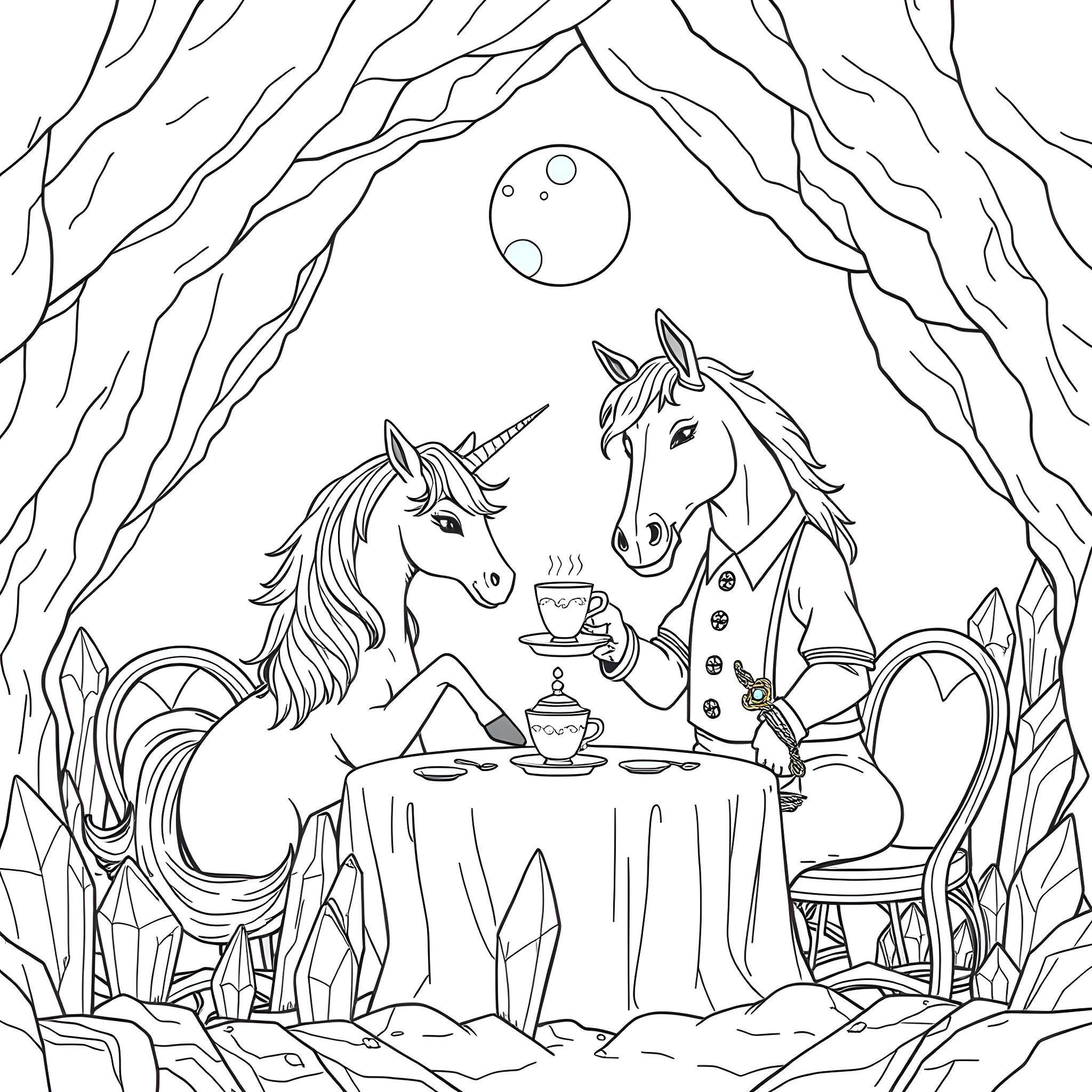 Unicorn enjoying tea with a companion in a magical forest Coloring Page (free black-and-white line drawing printable PDF for all, from beginners to advanced learners, including children, teens, adults, and seniors)