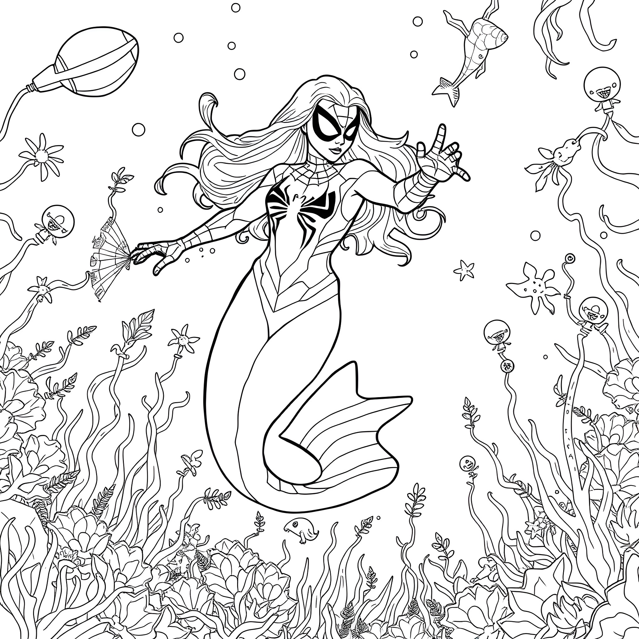 Spiderman mermaid adventures under the sea Coloring Page (free black-and-white line drawing printable PDF for all, from beginners to advanced learners, including children, teens, adults, and seniors)