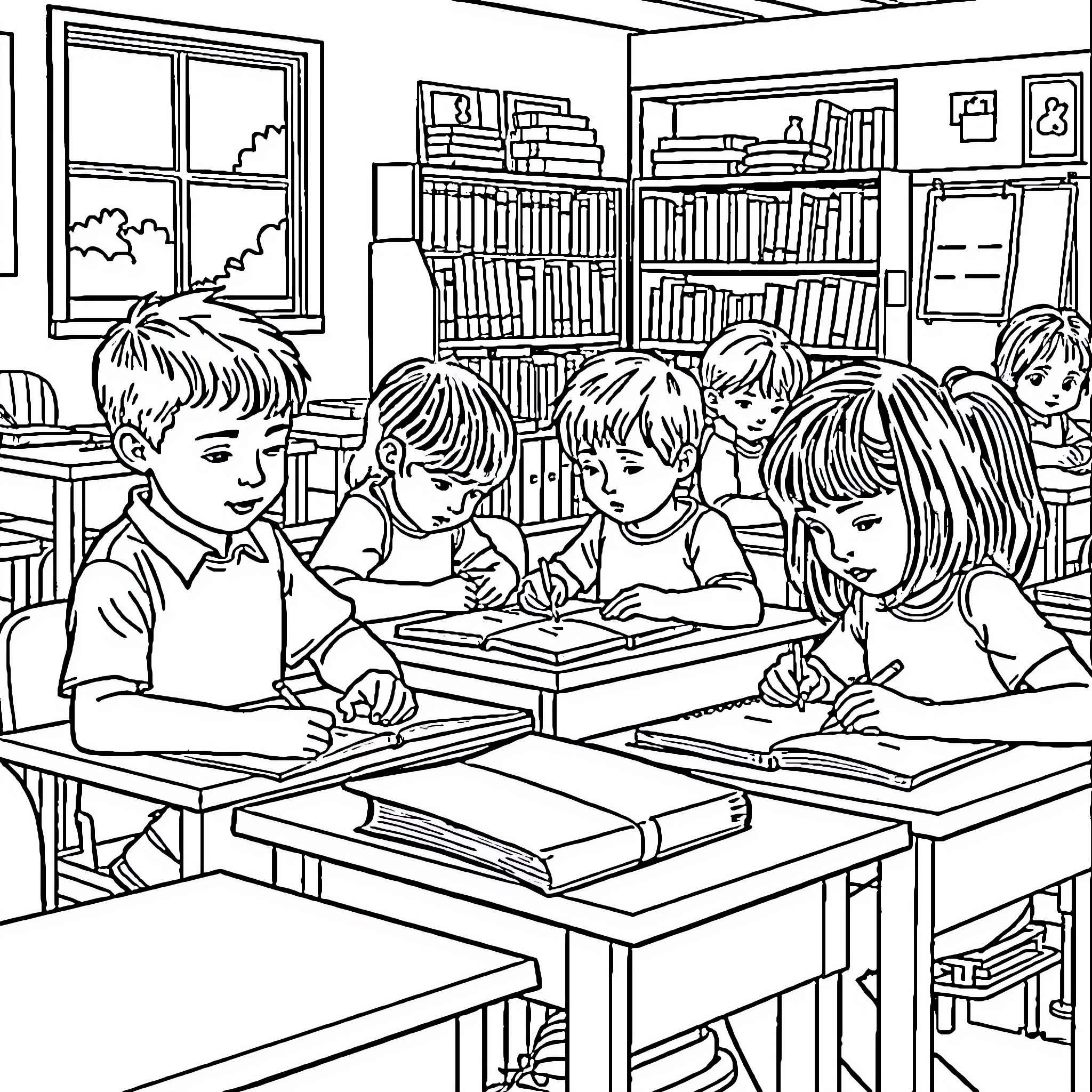 Children studying together in a classroom Coloring Page (free black-and-white line drawing printable PDF for all, from beginners to advanced learners, including children, teens, adults, and seniors)