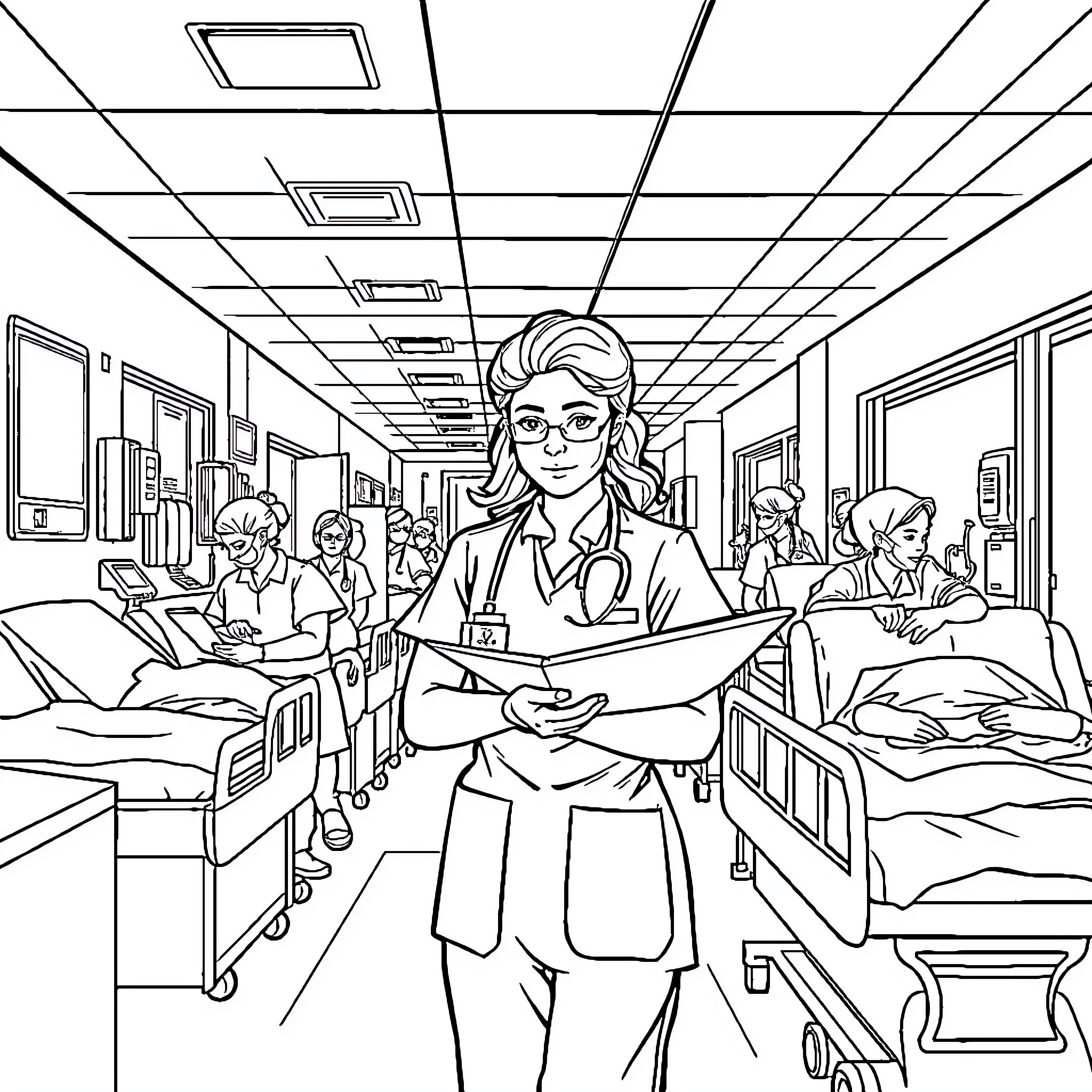Emergency Nurse Tending to Patients in Hospital Ward Coloring Page (free black-and-white line drawing printable PDF for all, from beginners to advanced learners, including children, teens, adults, and seniors)
