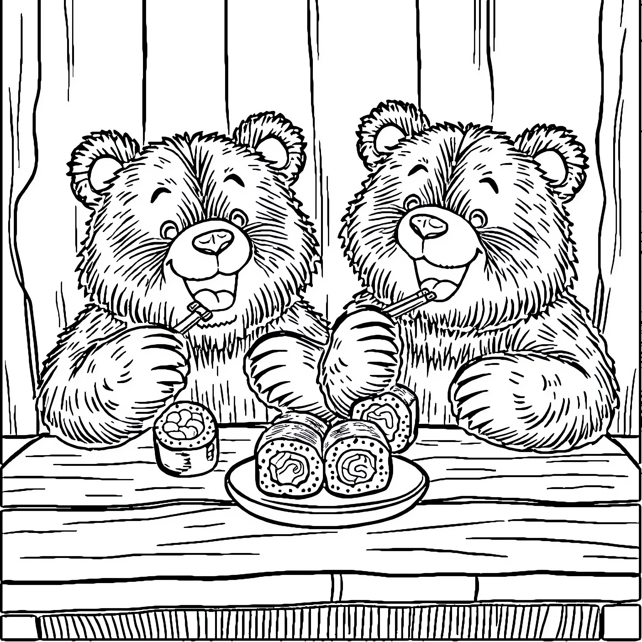 Bear cubs sharing a delicious snack Coloring Page (free black-and-white line drawing printable PDF for all, from beginners to advanced learners, including children, teens, adults, and seniors)