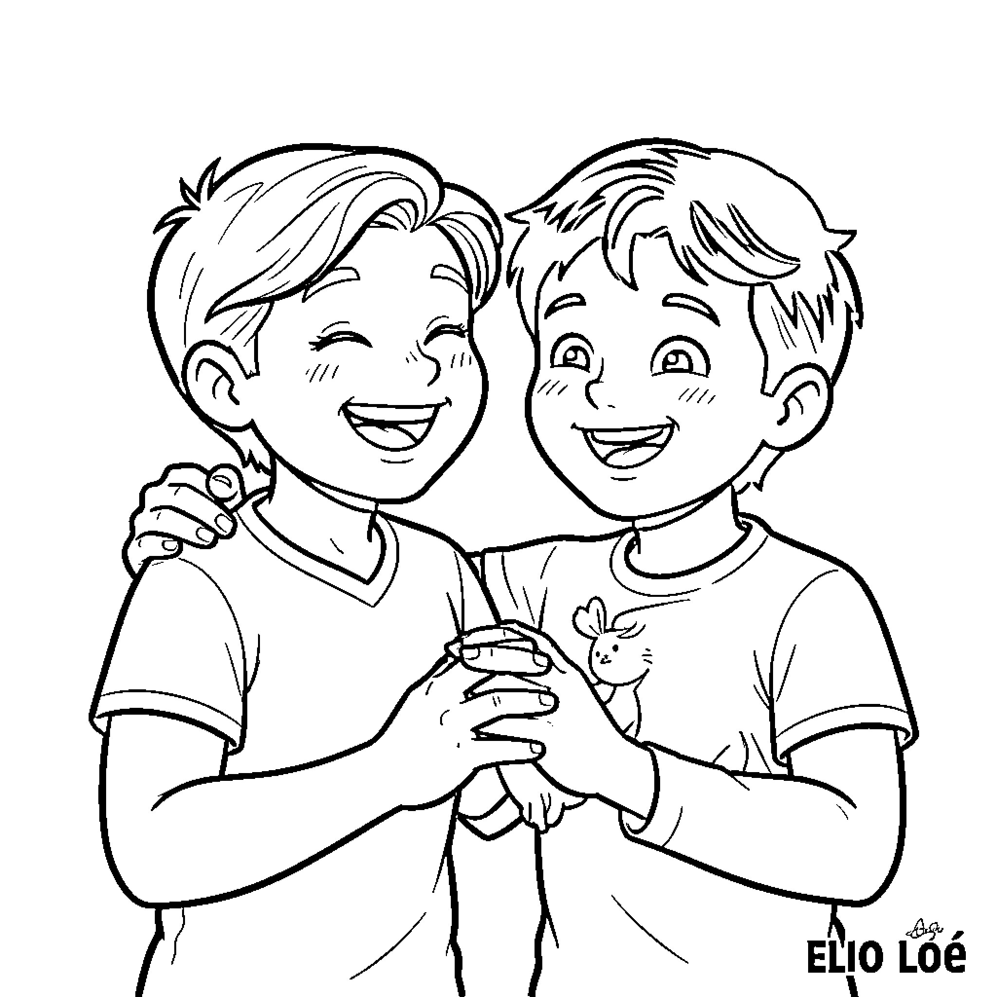 Elio laughing with a friend while hugging Coloring Page (free black-and-white line drawing printable PDF for all, from beginners to advanced learners, including children, teens, adults, and seniors)