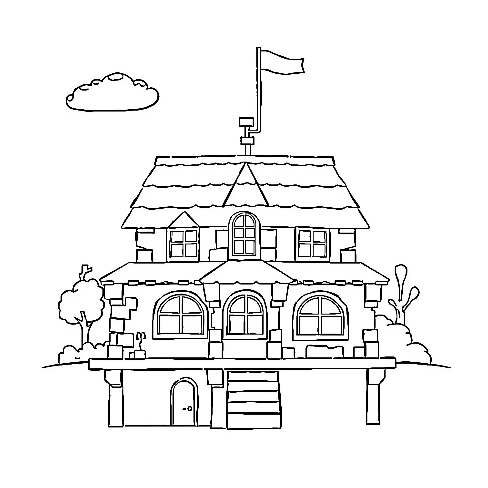 Building with Unique Architecture and Flag Coloring Page (free black-and-white line drawing printable PDF for all, from beginners to advanced learners, including children, teens, adults, and seniors)