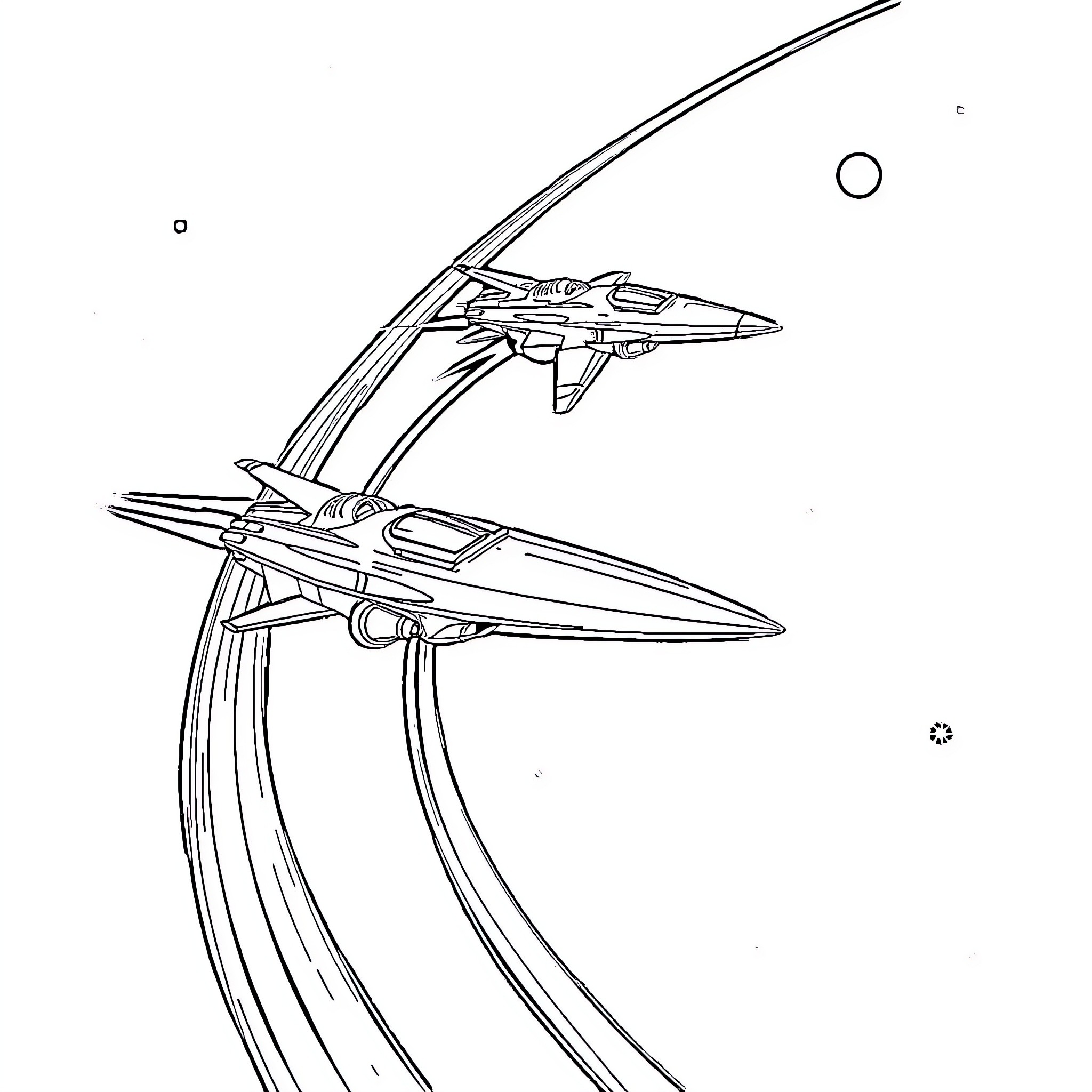 Spaceships soaring through the cosmos Coloring Page (free black-and-white line drawing printable PDF for all, from beginners to advanced learners, including children, teens, adults, and seniors)