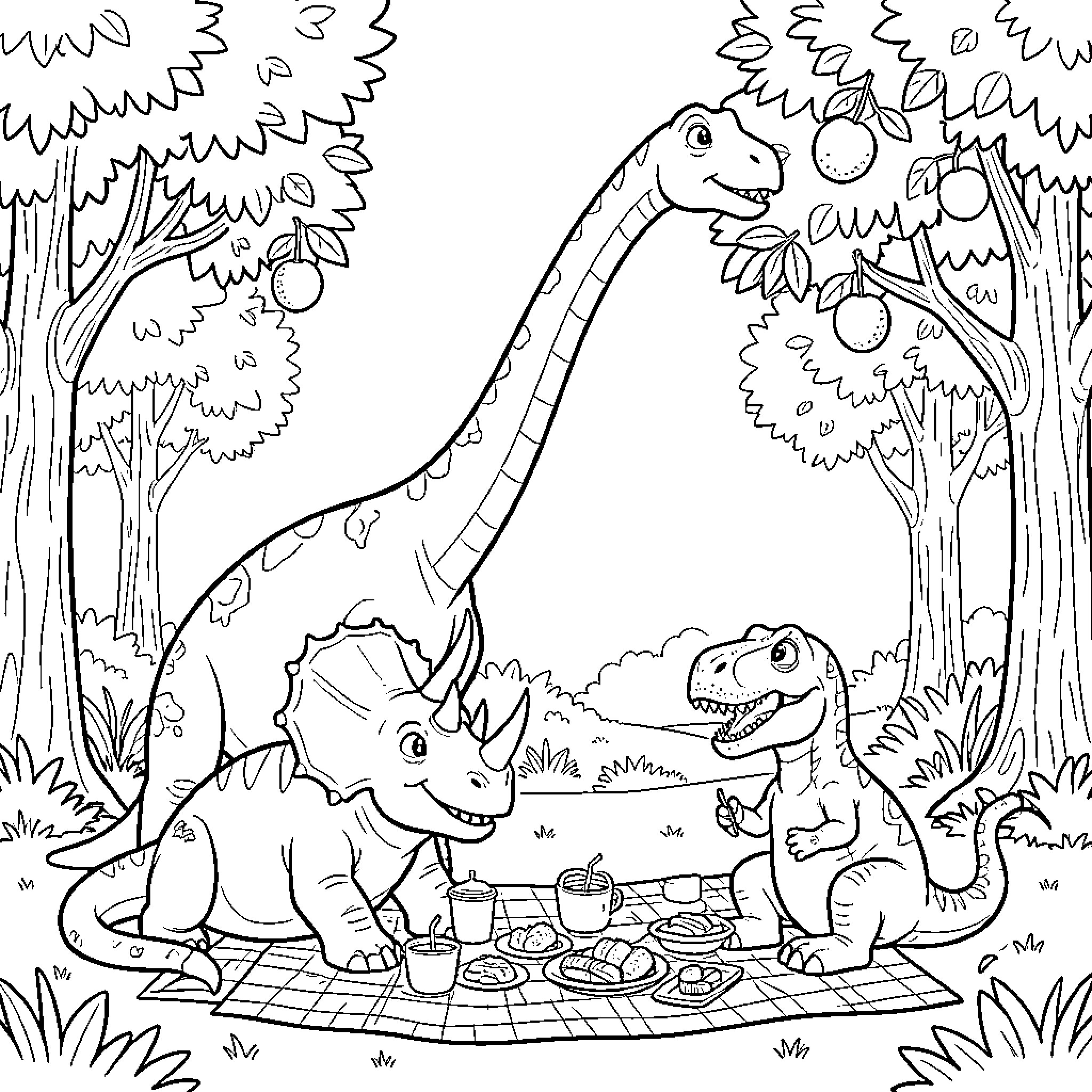 Brachiosaurus watching dinosaurs enjoy a picnic in the forest Coloring Page (free black-and-white line drawing printable PDF for all, from beginners to advanced learners, including children, teens, adults, and seniors)