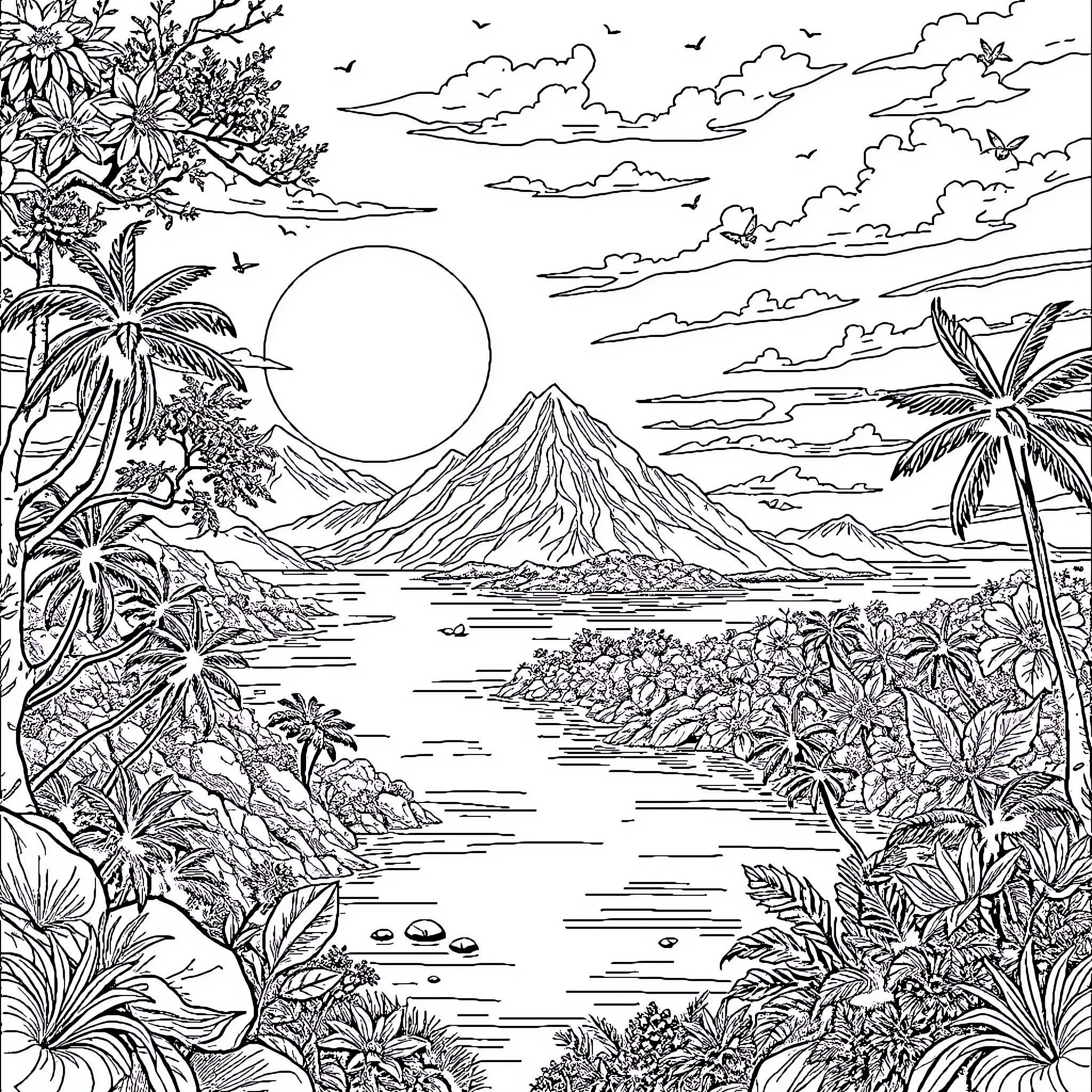 Landscape of a Tropical Paradise with Mountain and Sunset Coloring Page (free black-and-white line drawing printable PDF for all, from beginners to advanced learners, including children, teens, adults, and seniors)