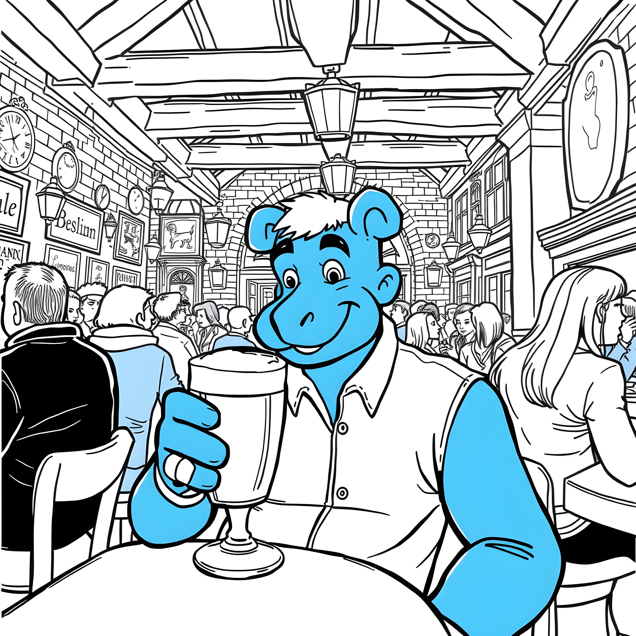 Bluey enjoying a drink at the local cafe Coloring Page (free black-and-white line drawing printable PDF for all, from beginners to advanced learners, including children, teens, adults, and seniors)