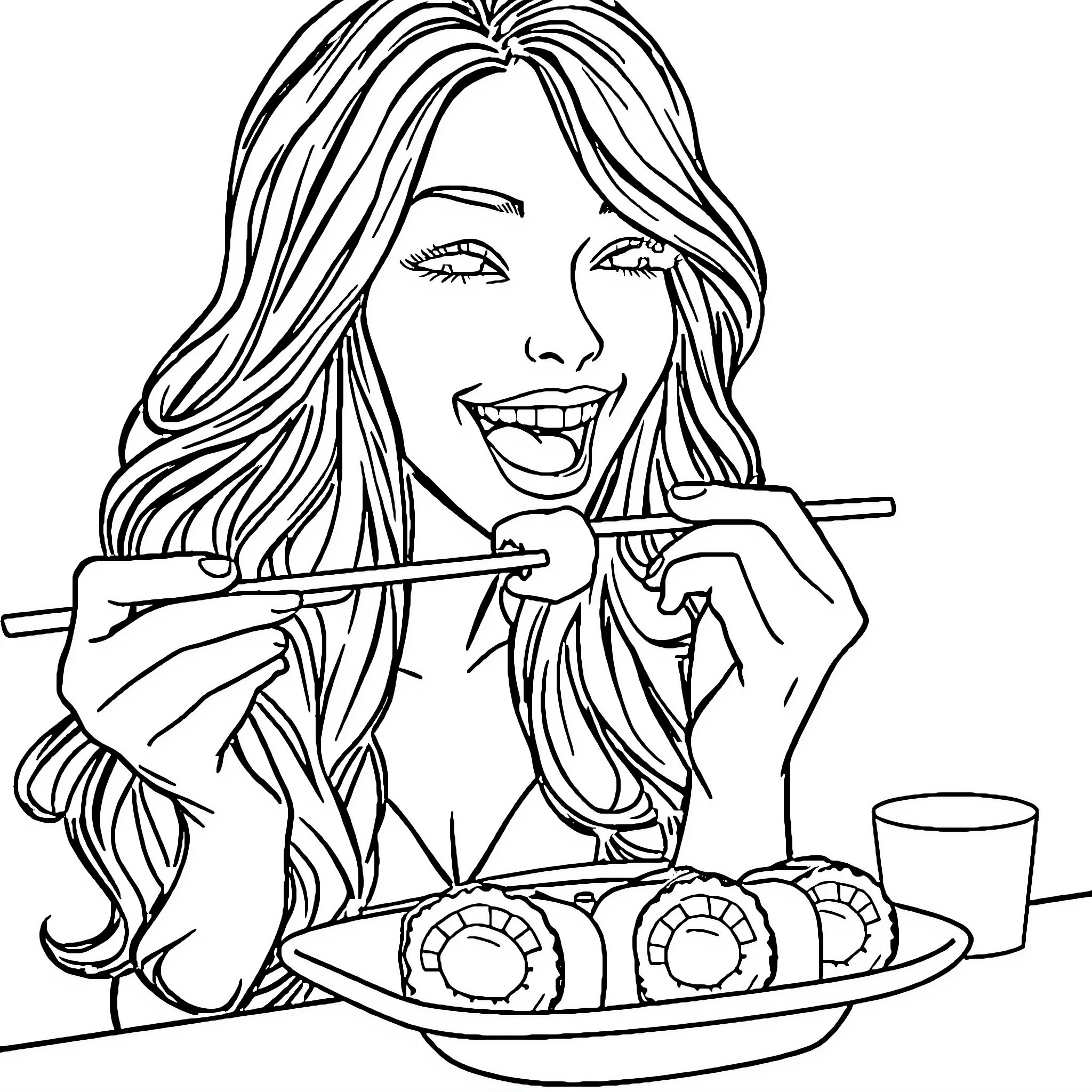 Woman enjoying sushi meal happily Coloring Page (free black-and-white line drawing printable PDF for all, from beginners to advanced learners, including children, teens, adults, and seniors)