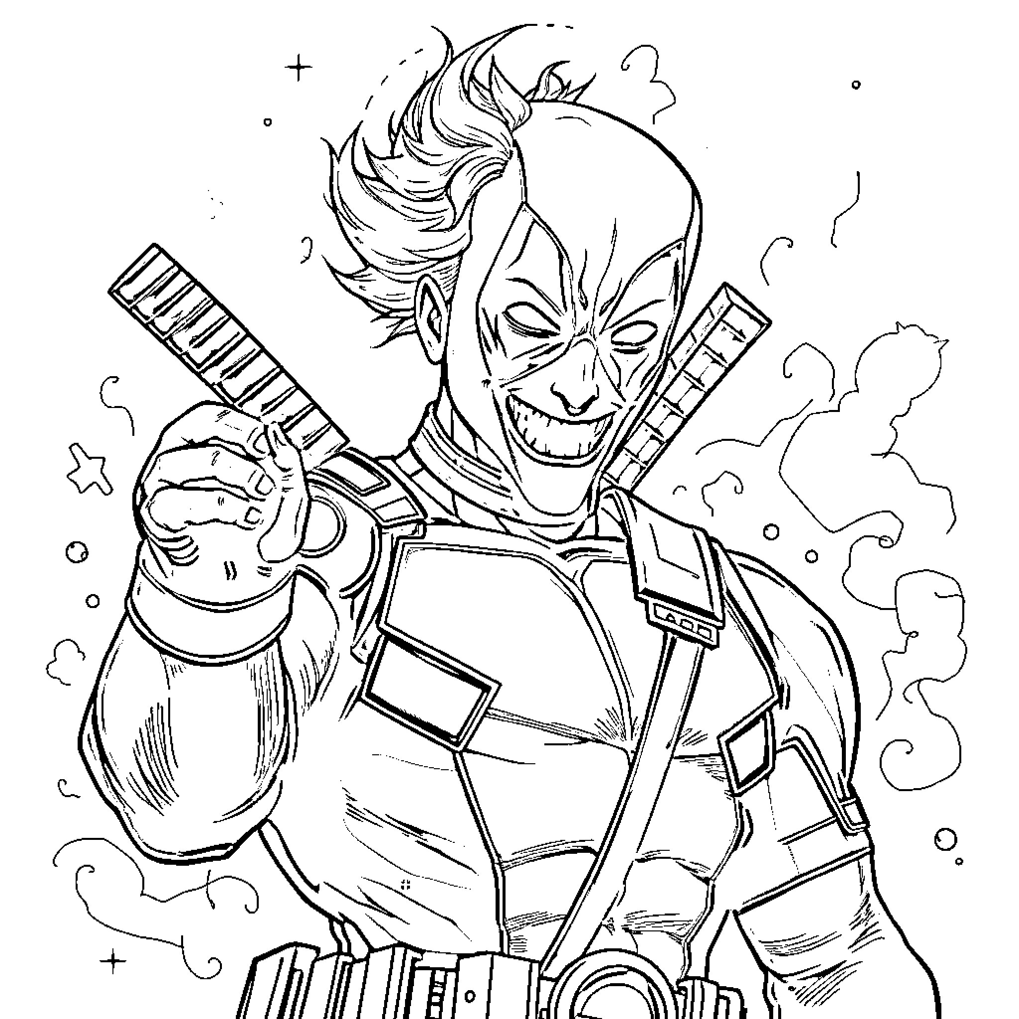 Deadpool in an intense, action-packed scene Coloring Page (free black-and-white line drawing printable PDF for all, from beginners to advanced learners, including children, teens, adults, and seniors)