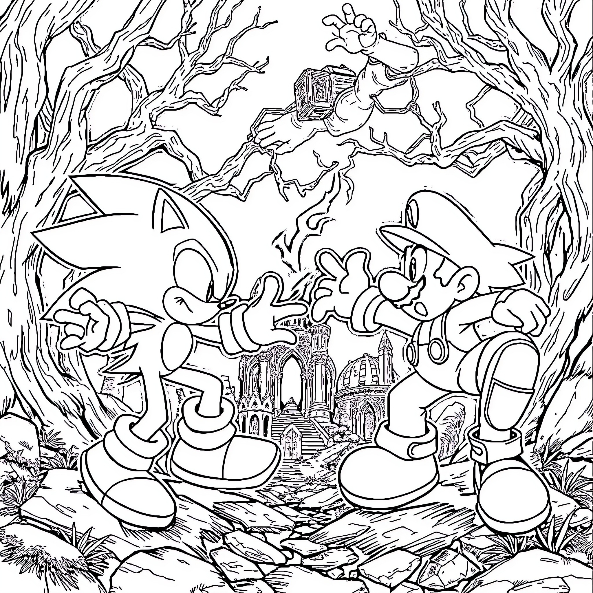 Sonic and Friends Exploring Enchanted Forest Coloring Page (free black-and-white line drawing printable PDF for all, from beginners to advanced learners, including children, teens, adults, and seniors)