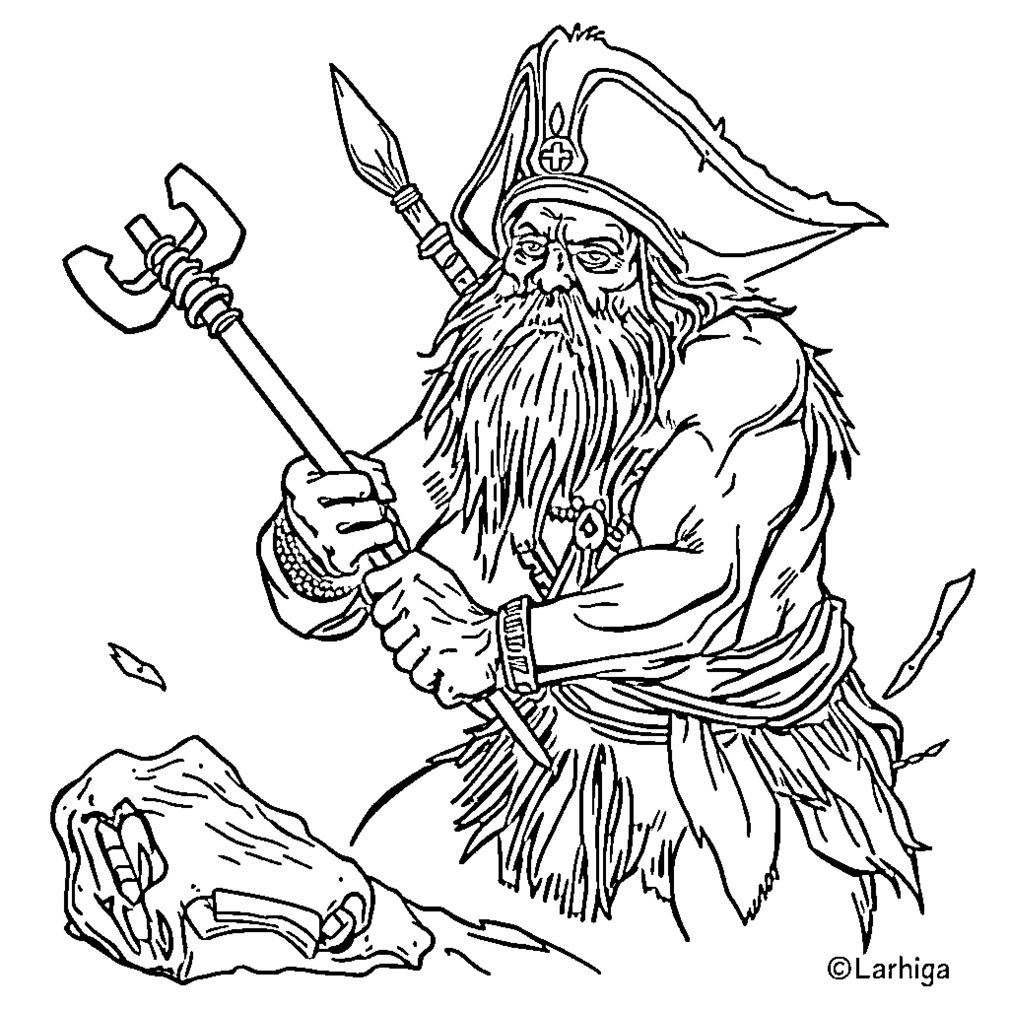 Indio Pirate Warrior Wielding Trident Coloring Page (free black-and-white line drawing printable PDF for all, from beginners to advanced learners, including children, teens, adults, and seniors)