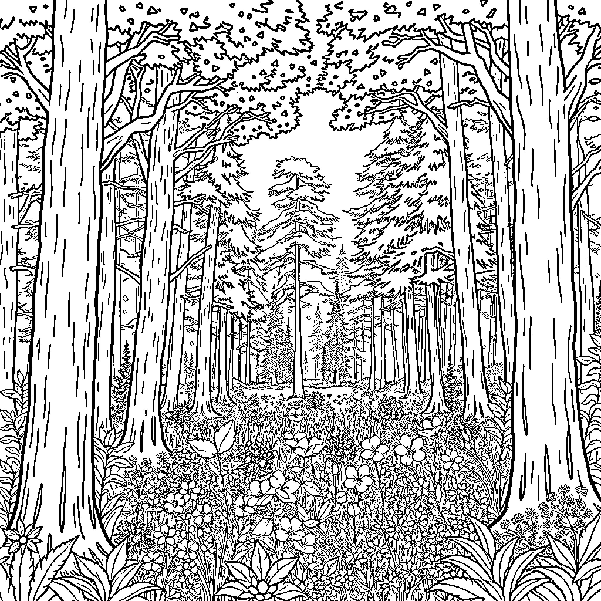 Forest filled with lush vegetation and towering trees Coloring Page (free black-and-white line drawing printable PDF for all, from beginners to advanced learners, including children, teens, adults, and seniors)