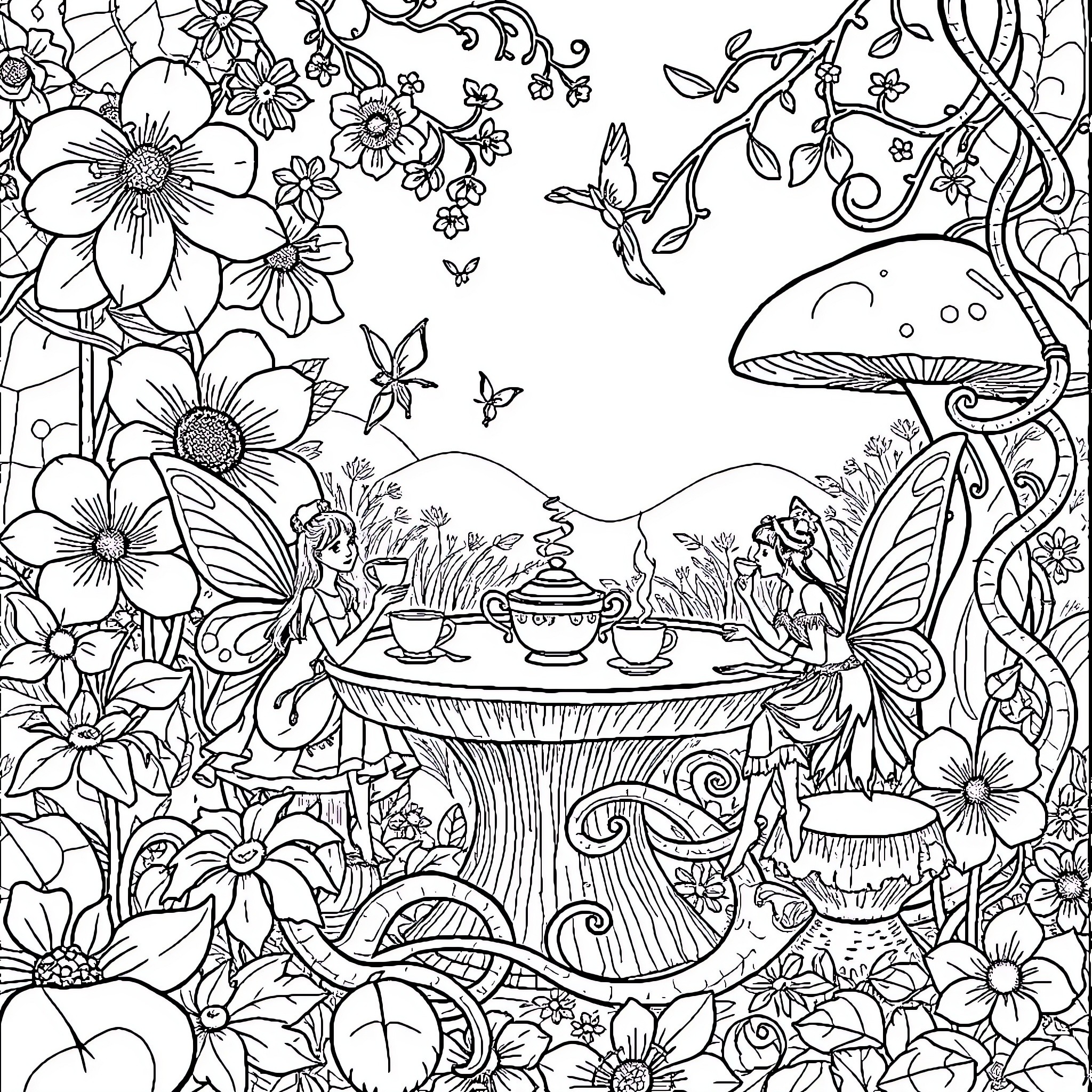 Fairy Tea Party Amidst Enchanting Floral Wonderland Coloring Page (free black-and-white line drawing printable PDF for all, from beginners to advanced learners, including children, teens, adults, and seniors)