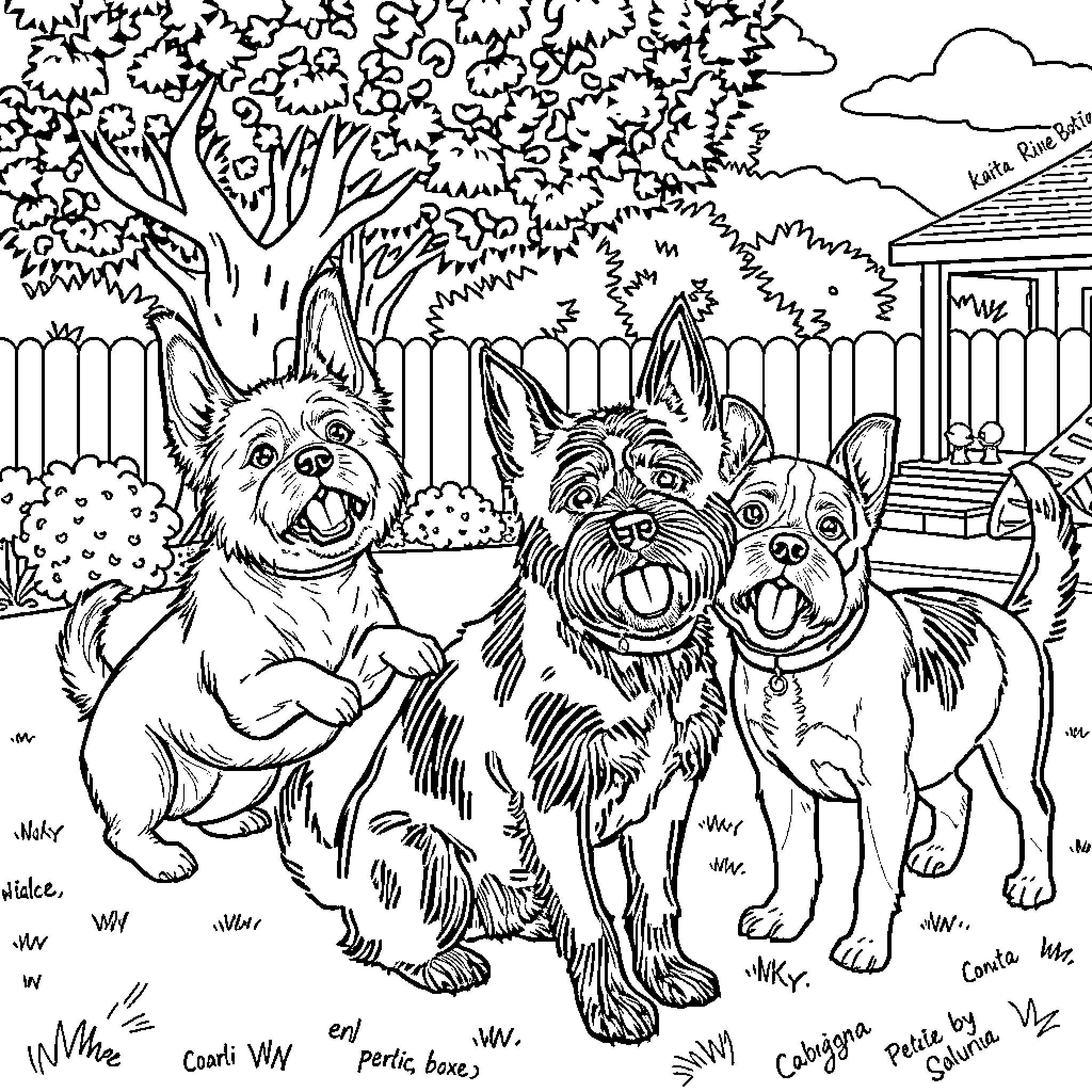 Perrito: Three playful pups enjoy the outdoors Coloring Page (free black-and-white line drawing printable PDF for all, from beginners to advanced learners, including children, teens, adults, and seniors)