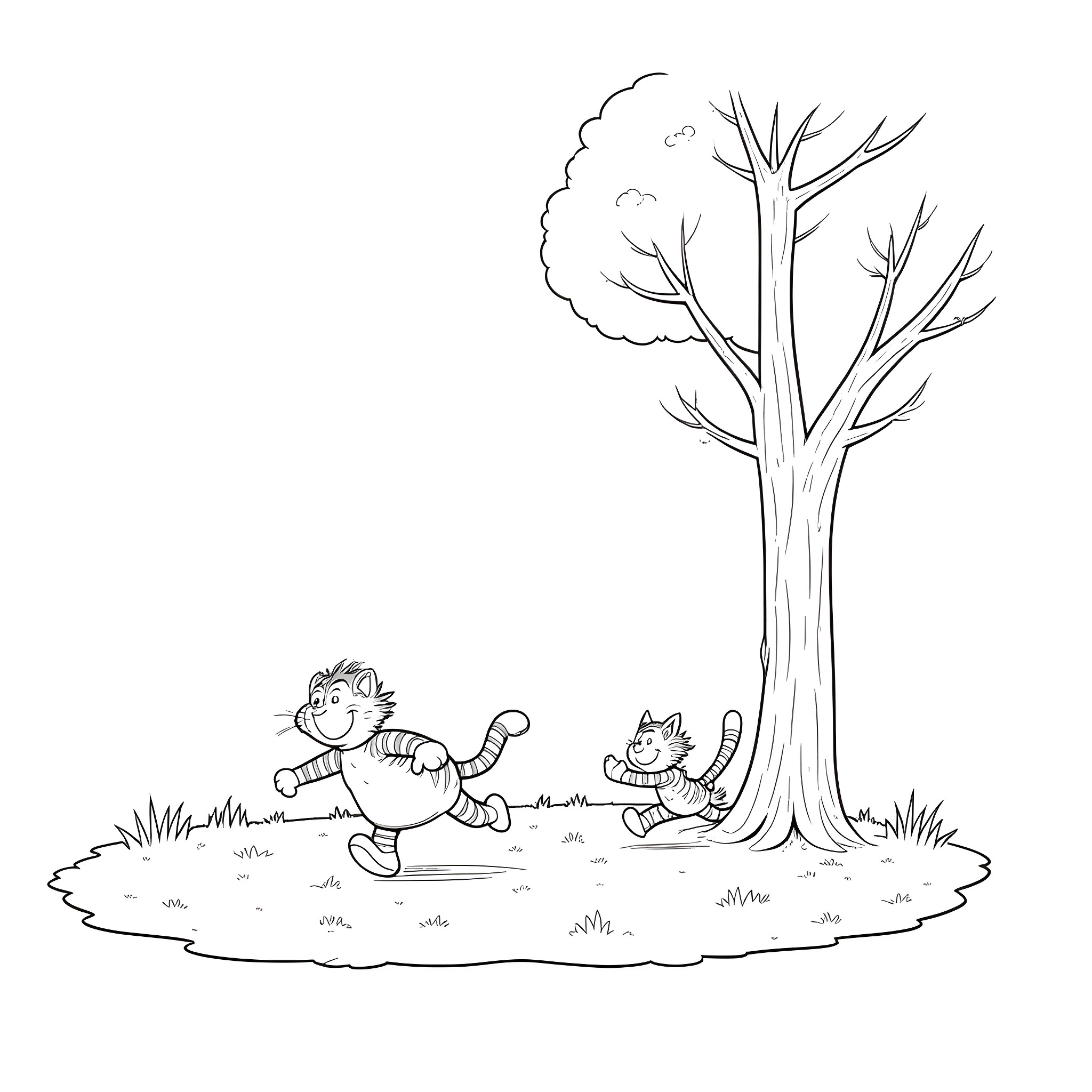 Calvin playing with his cat in the park Coloring Page (free black-and-white line drawing printable PDF for all, from beginners to advanced learners, including children, teens, adults, and seniors)