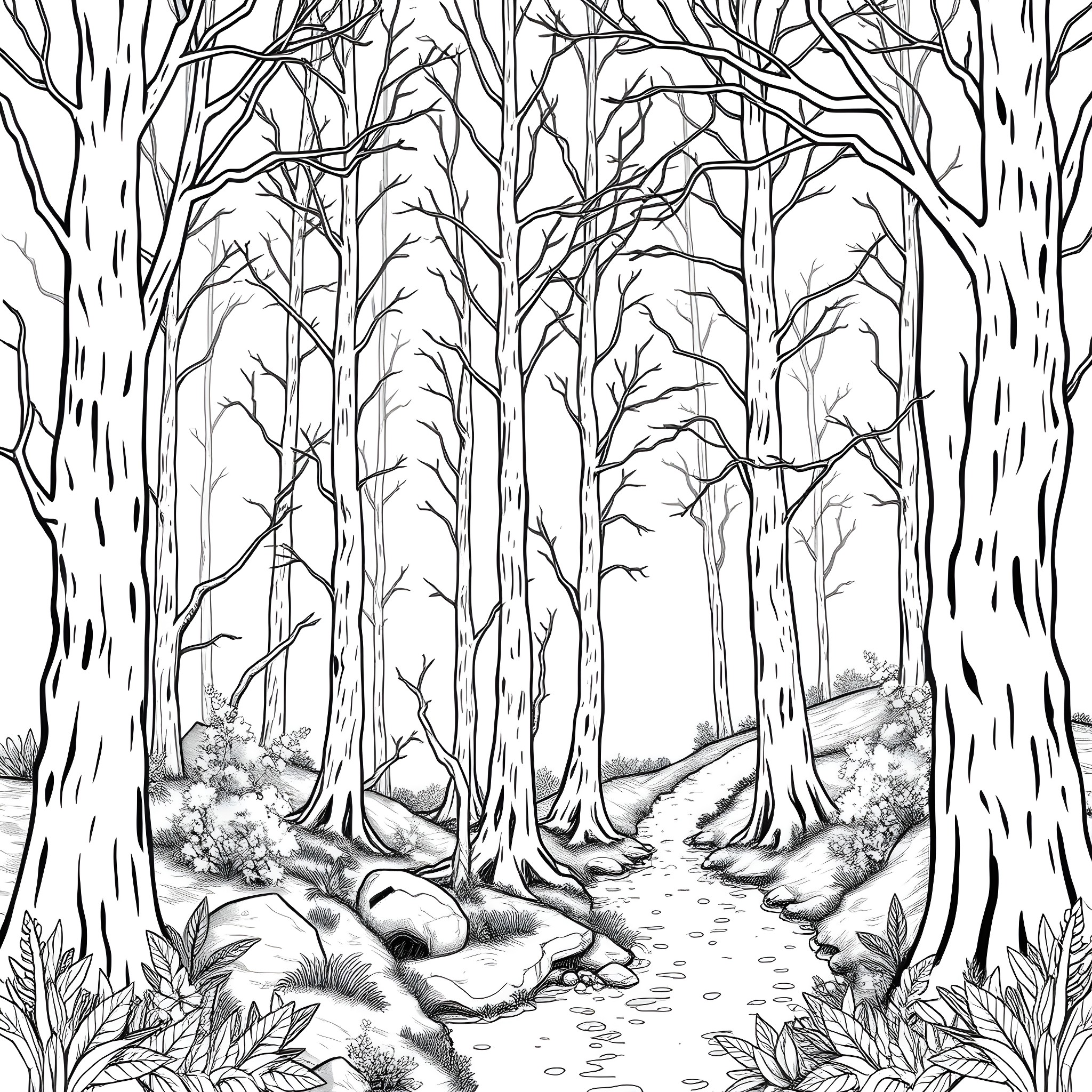 Wood forest path with bare trees Coloring Page (free black-and-white line drawing printable PDF for all, from beginners to advanced learners, including children, teens, adults, and seniors)