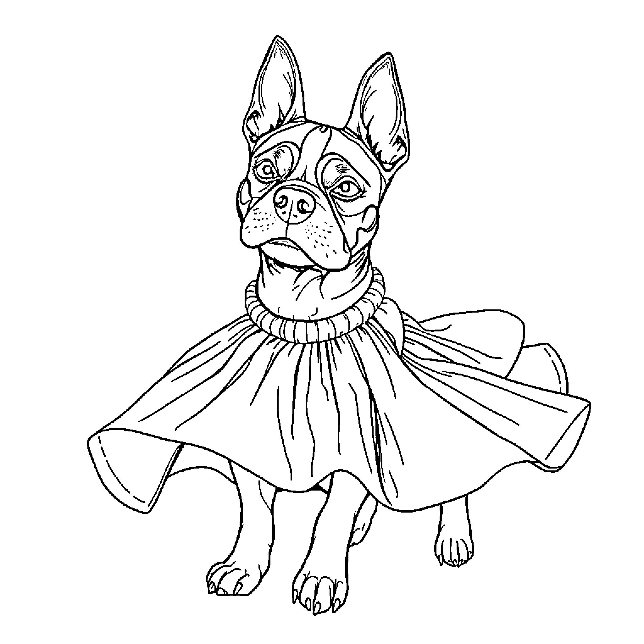 Staffy wearing fancy costume with big frilly collar Coloring Page (free black-and-white line drawing printable PDF for all, from beginners to advanced learners, including children, teens, adults, and seniors)