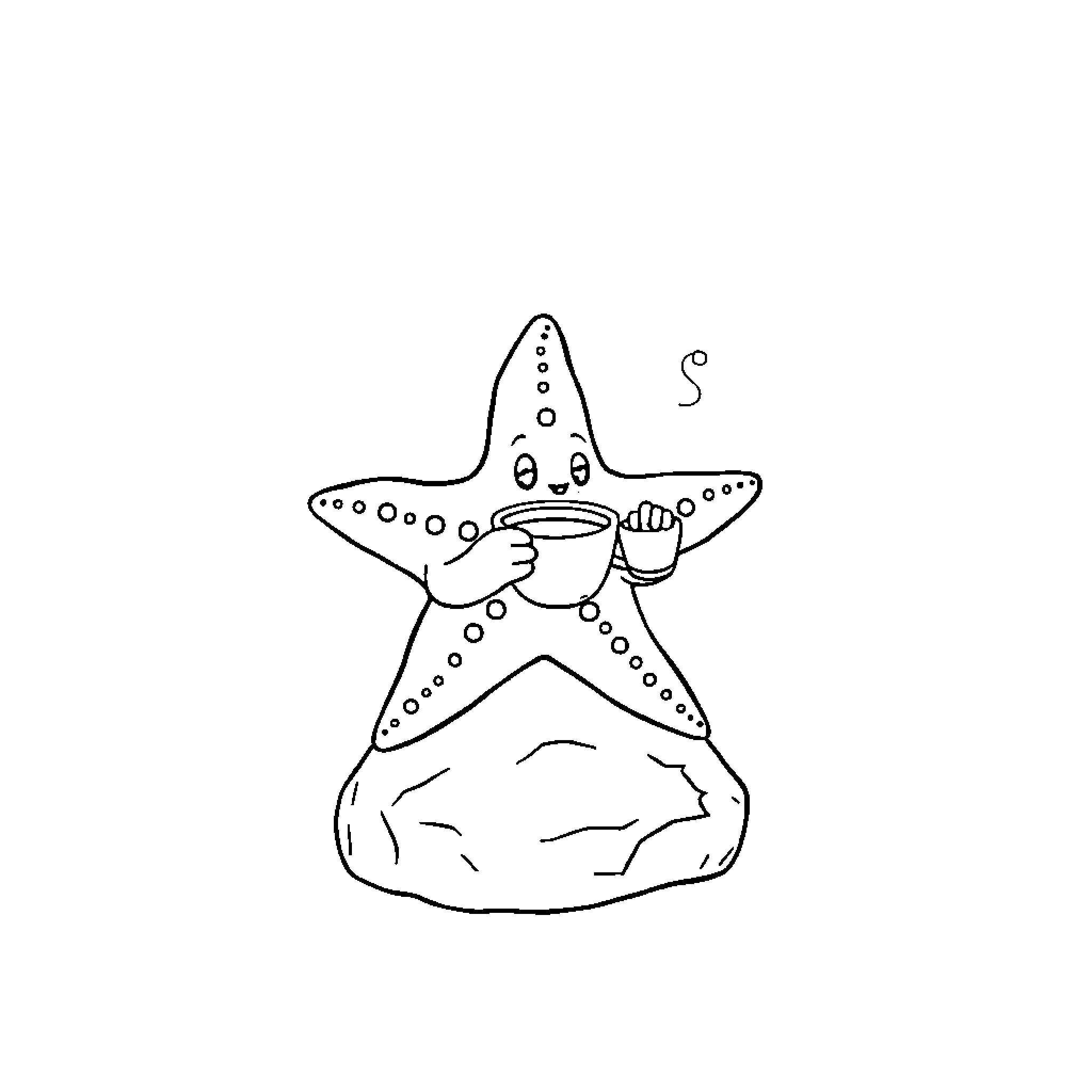 Starfish Enjoying a Relaxing Day Coloring Page (free black-and-white line drawing printable PDF for all, from beginners to advanced learners, including children, teens, adults, and seniors)