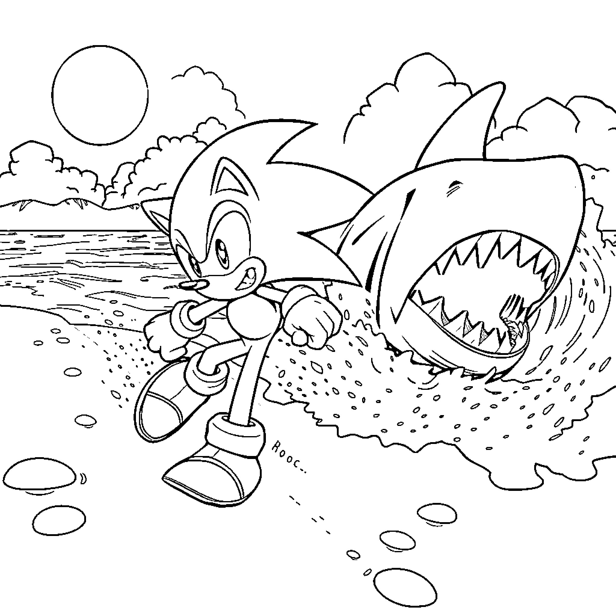 Sonic Dashing Away from a Fearsome Shark Coloring Page (free black-and-white line drawing printable PDF for all, from beginners to advanced learners, including children, teens, adults, and seniors)