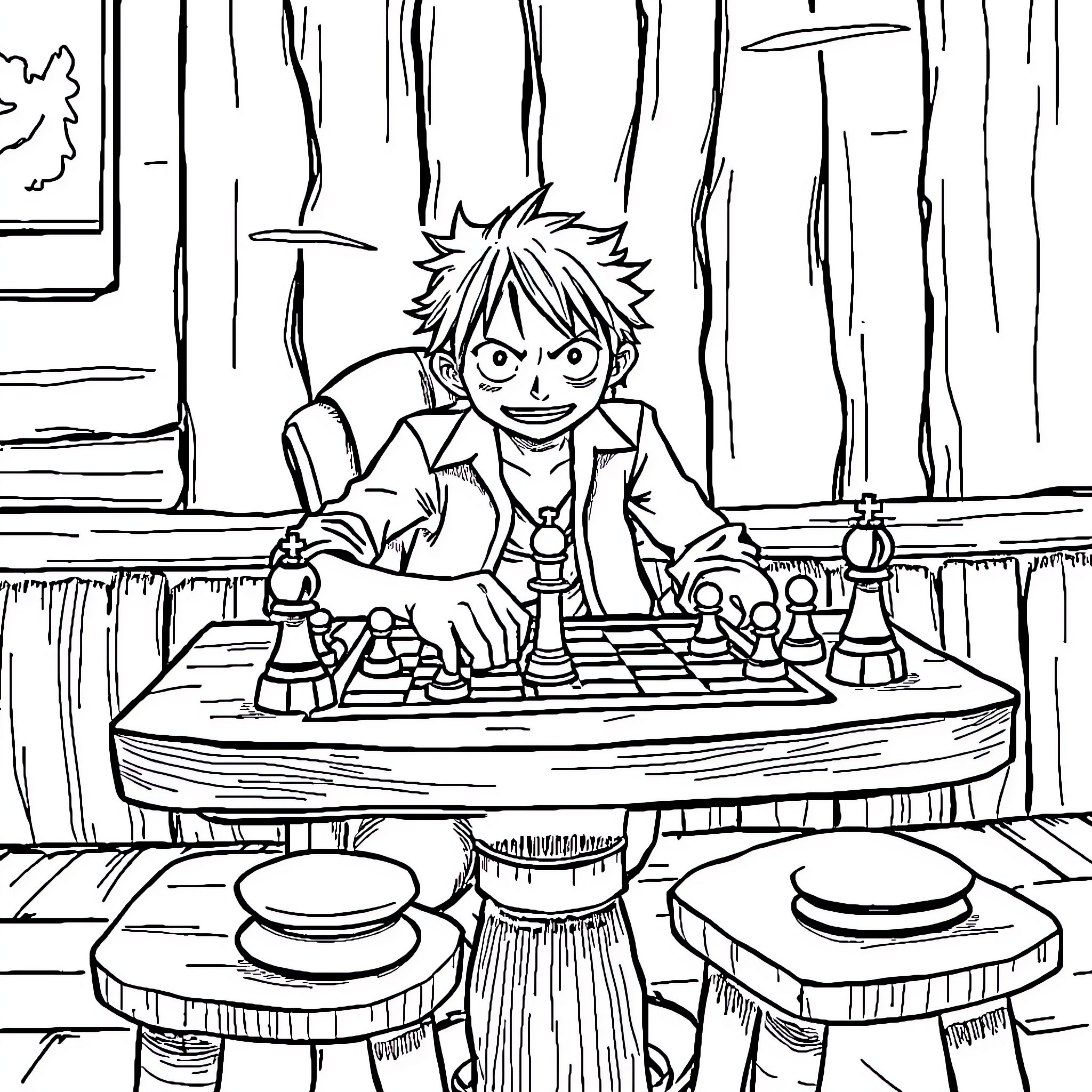 Luffy playing chess with determination Coloring Page (free black-and-white line drawing printable PDF for all, from beginners to advanced learners, including children, teens, adults, and seniors)