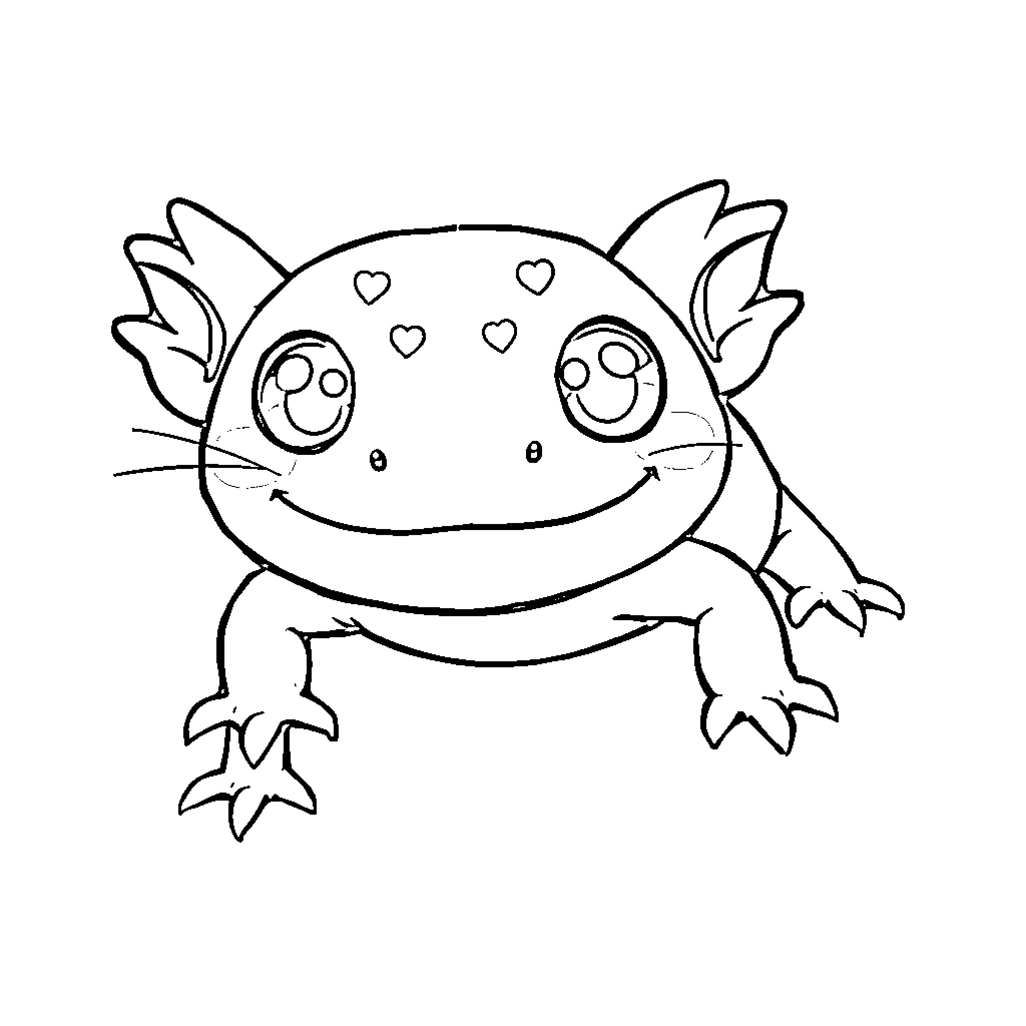Axolotl with Adorable Expression Coloring Page (free black-and-white line drawing printable PDF for all, from beginners to advanced learners, including children, teens, adults, and seniors)