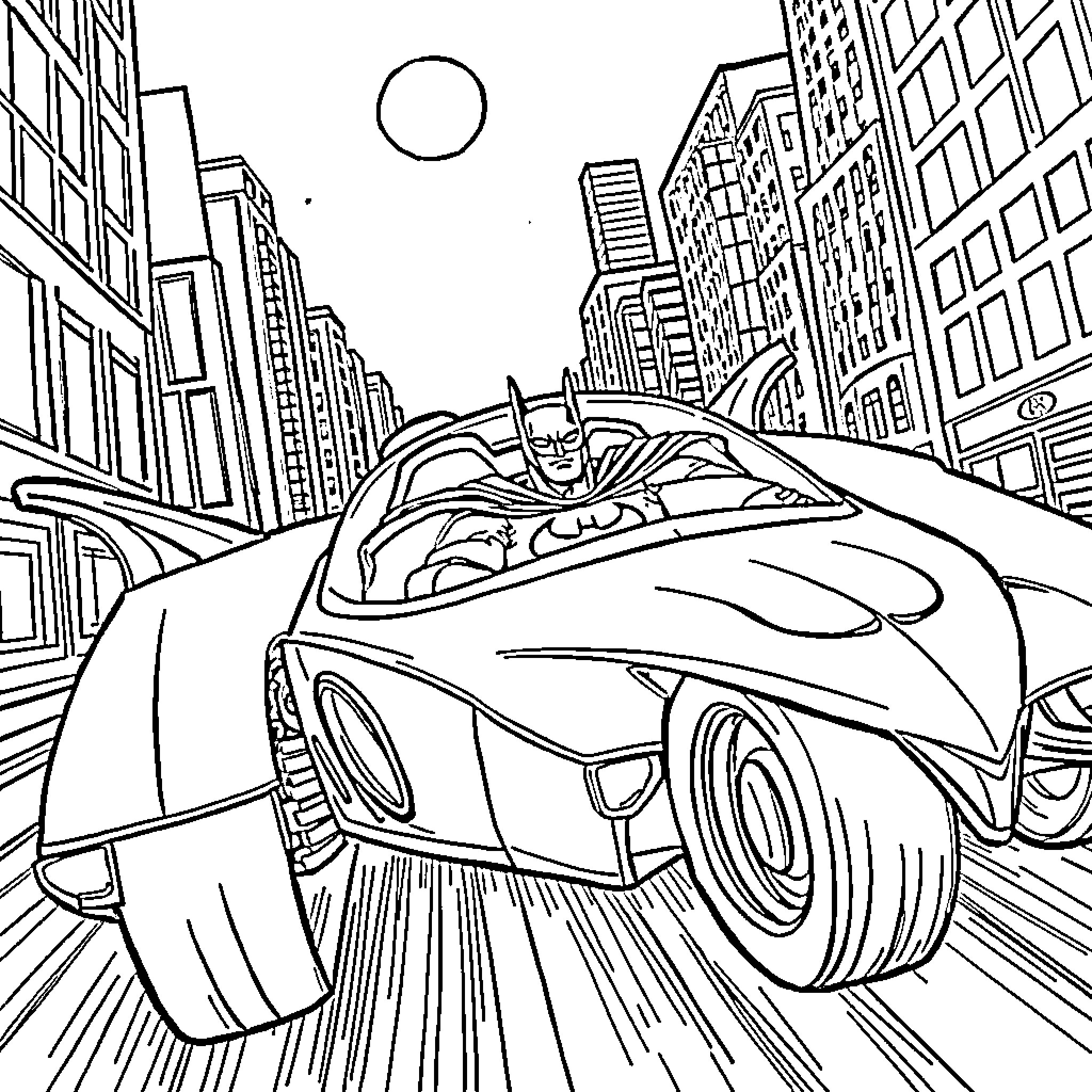 Batman Speeding Through the City in His Batmobile Coloring Page (free black-and-white line drawing printable PDF for all, from beginners to advanced learners, including children, teens, adults, and seniors)