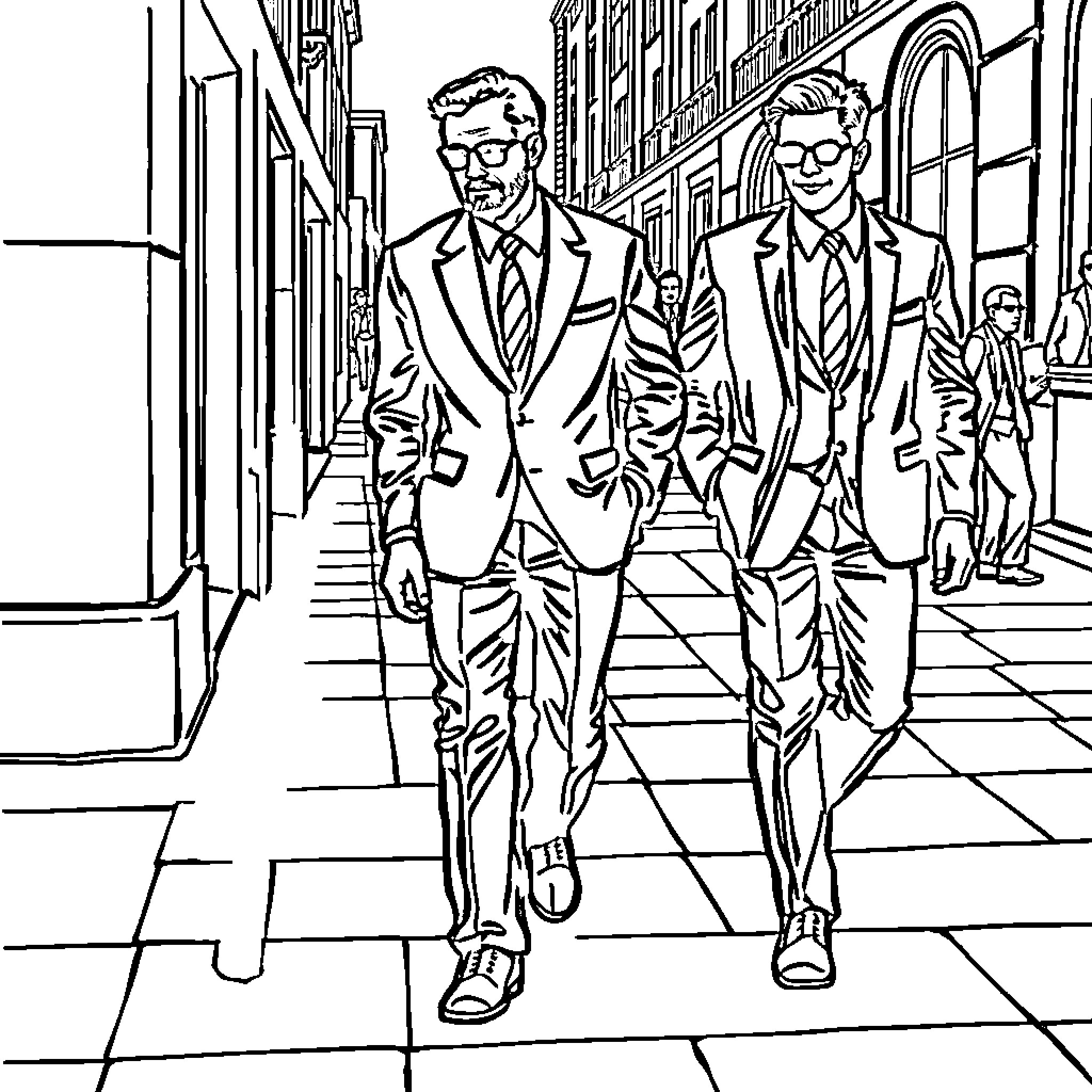 Man Walking Together with Colleagues in Suits Coloring Page (free black-and-white line drawing printable PDF for all, from beginners to advanced learners, including children, teens, adults, and seniors)