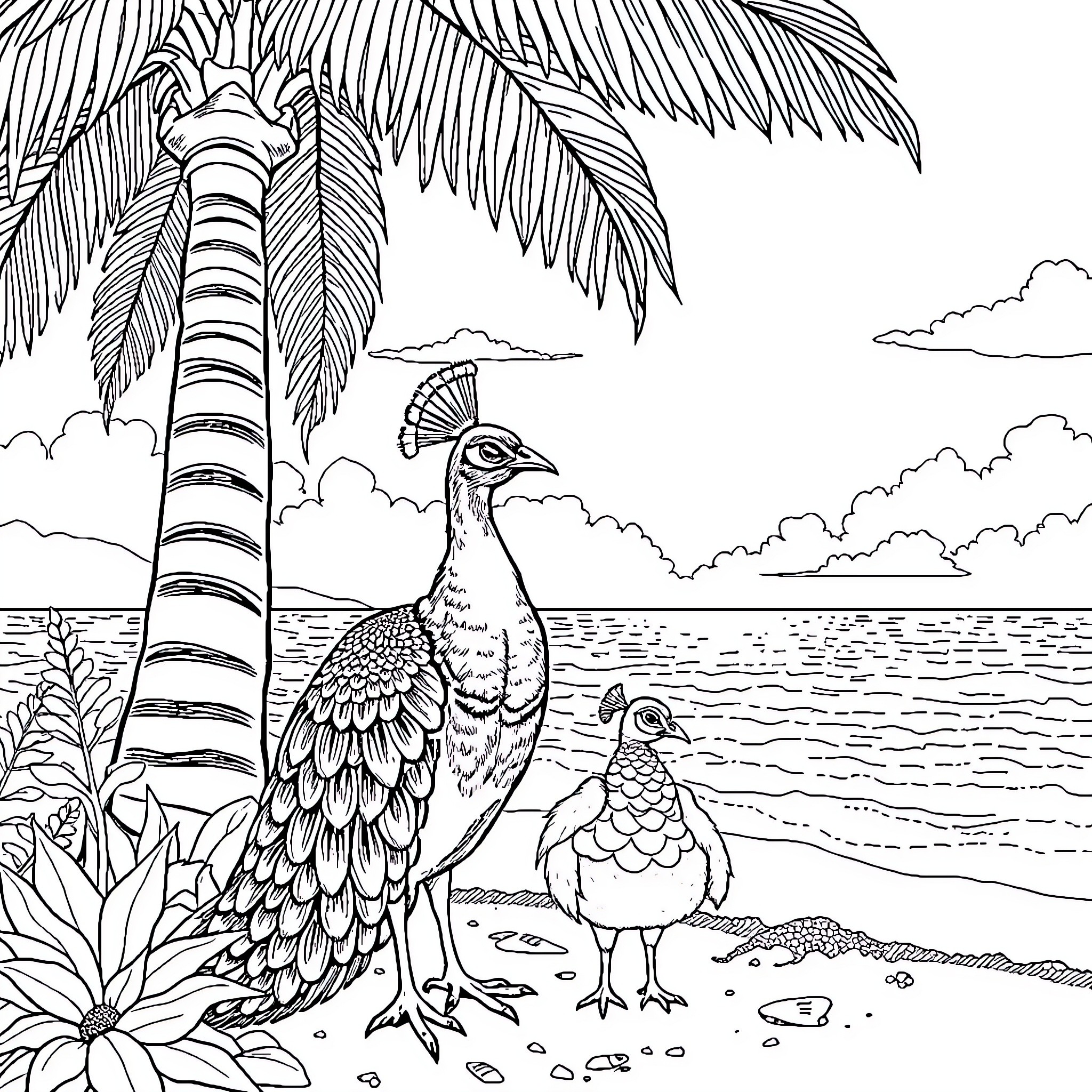 Peacock couple relaxing by the beach Coloring Page (free black-and-white line drawing printable PDF for all, from beginners to advanced learners, including children, teens, adults, and seniors)