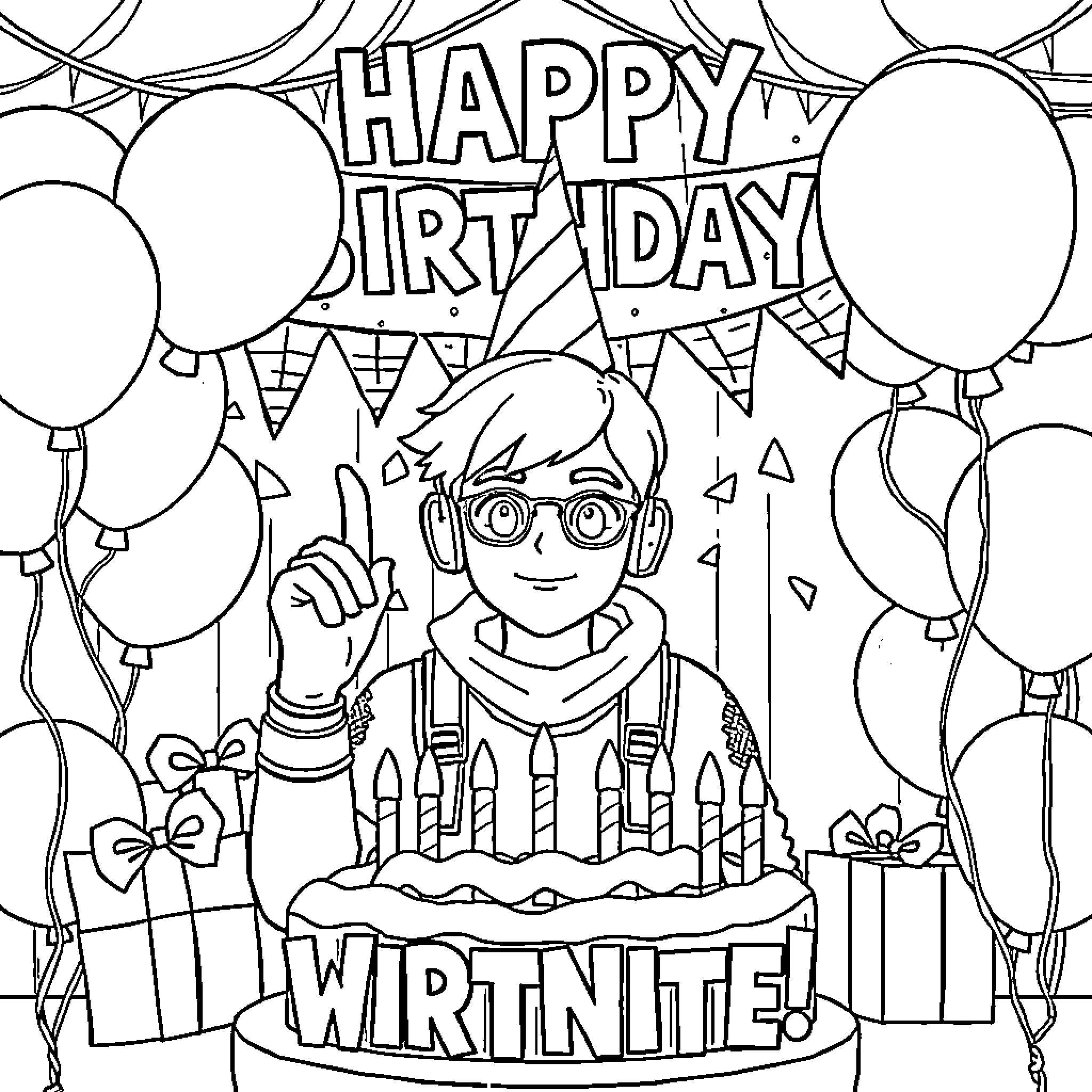 Fortnite character celebrates happy birthday with balloons Coloring Page (free black-and-white line drawing printable PDF for all, from beginners to advanced learners, including children, teens, adults, and seniors)
