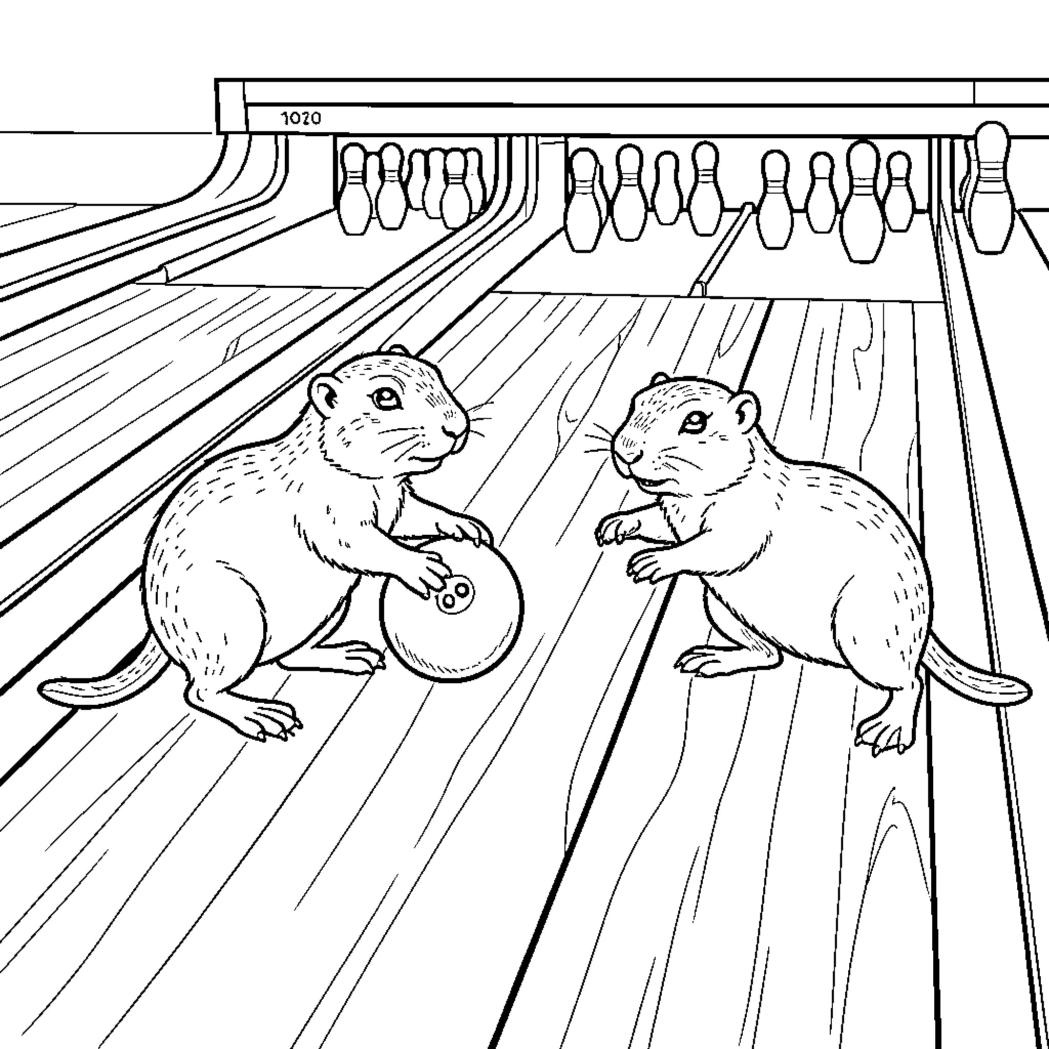 Prairie Dog playing bowling with a friend Coloring Page (free black-and-white line drawing printable PDF for all, from beginners to advanced learners, including children, teens, adults, and seniors)
