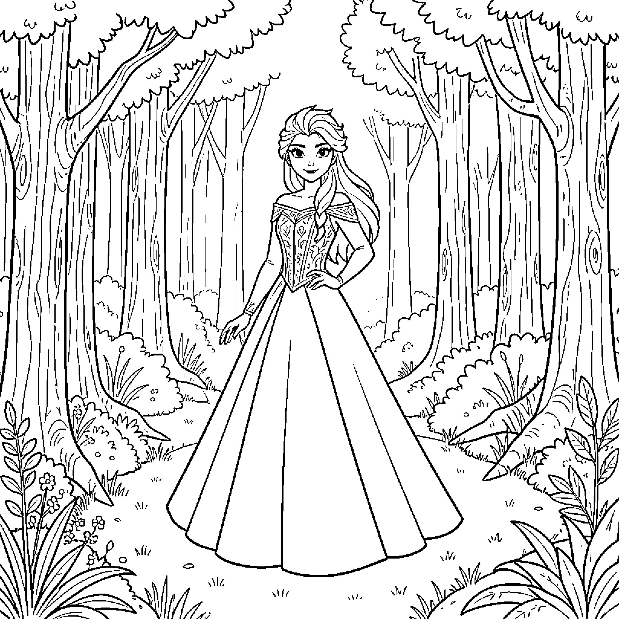 Elsa standing elegantly in a lush forest Coloring Page (free black-and-white line drawing printable PDF for all, from beginners to advanced learners, including children, teens, adults, and seniors)