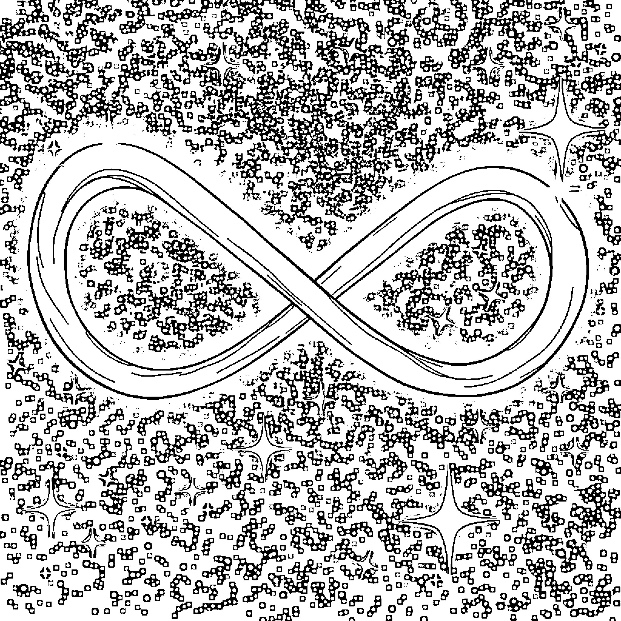 Infinity Sign in a Whimsical Doodle Landscape Coloring Page (free black-and-white line drawing printable PDF for all, from beginners to advanced learners, including children, teens, adults, and seniors)