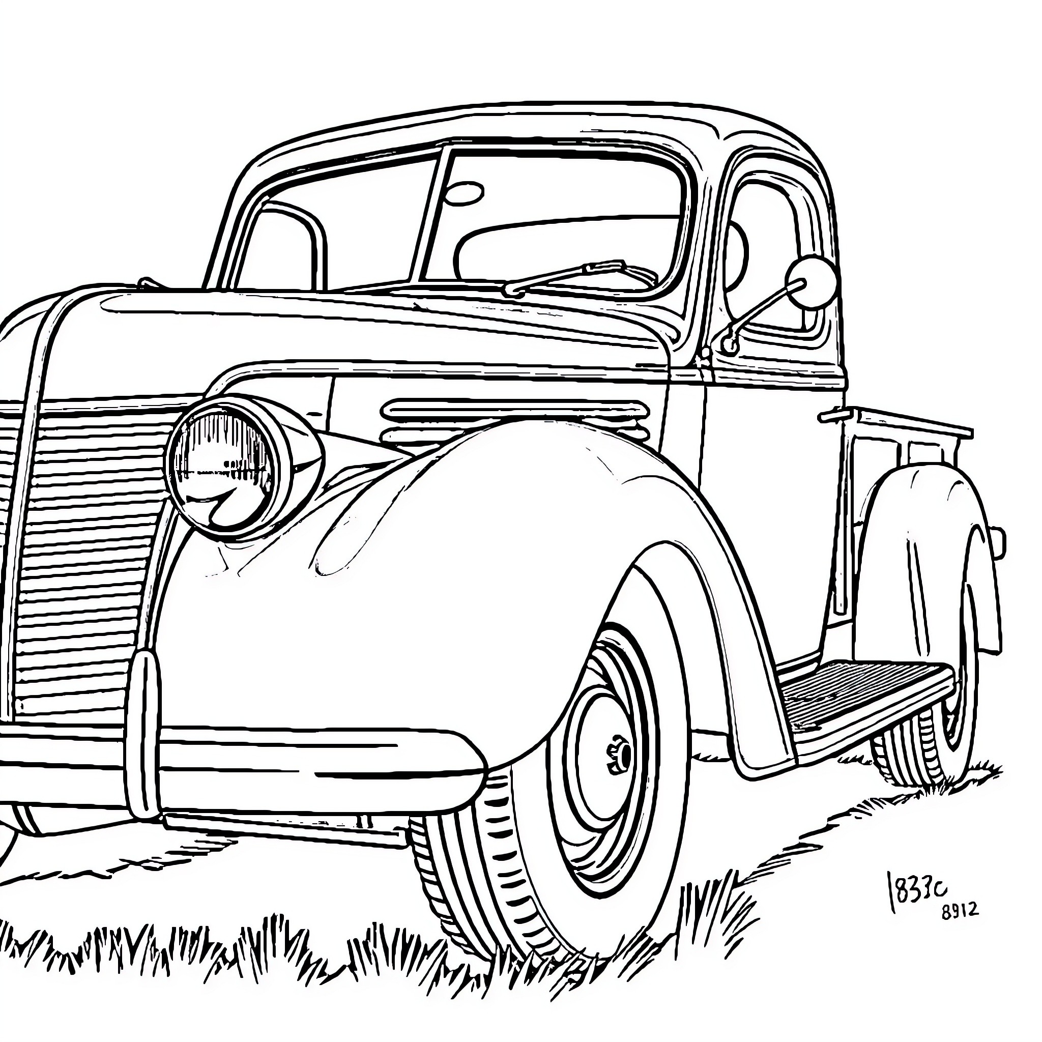 Pickup parked in the field with retro style Coloring Page (free black-and-white line drawing printable PDF for all, from beginners to advanced learners, including children, teens, adults, and seniors)