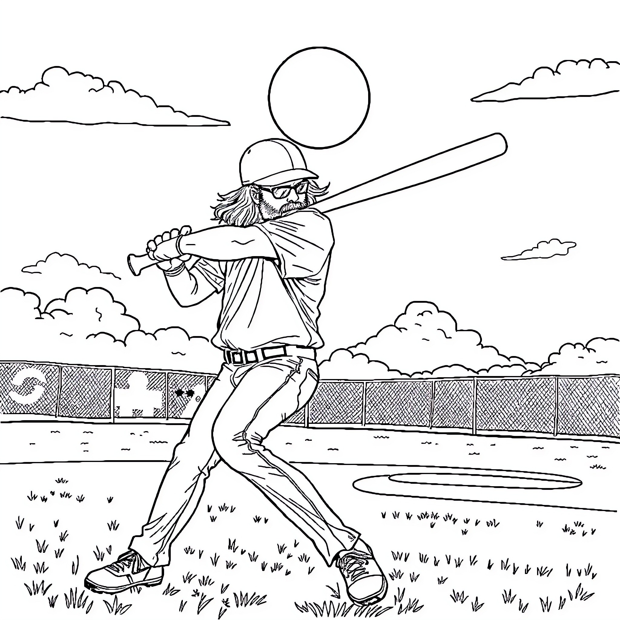 Dave Grohl playing baseball on the field Coloring Page (free black-and-white line drawing printable PDF for all, from beginners to advanced learners, including children, teens, adults, and seniors)