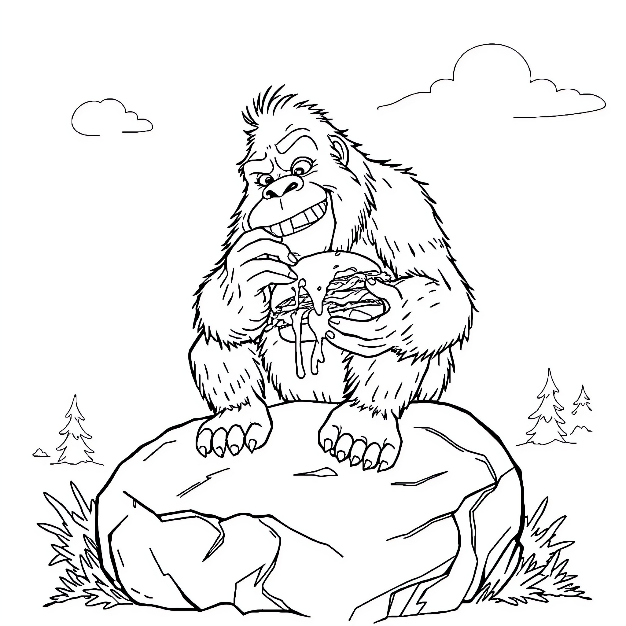 Sasquatch enjoying a tasty snack in the wilderness Coloring Page (free black-and-white line drawing printable PDF for all, from beginners to advanced learners, including children, teens, adults, and seniors)