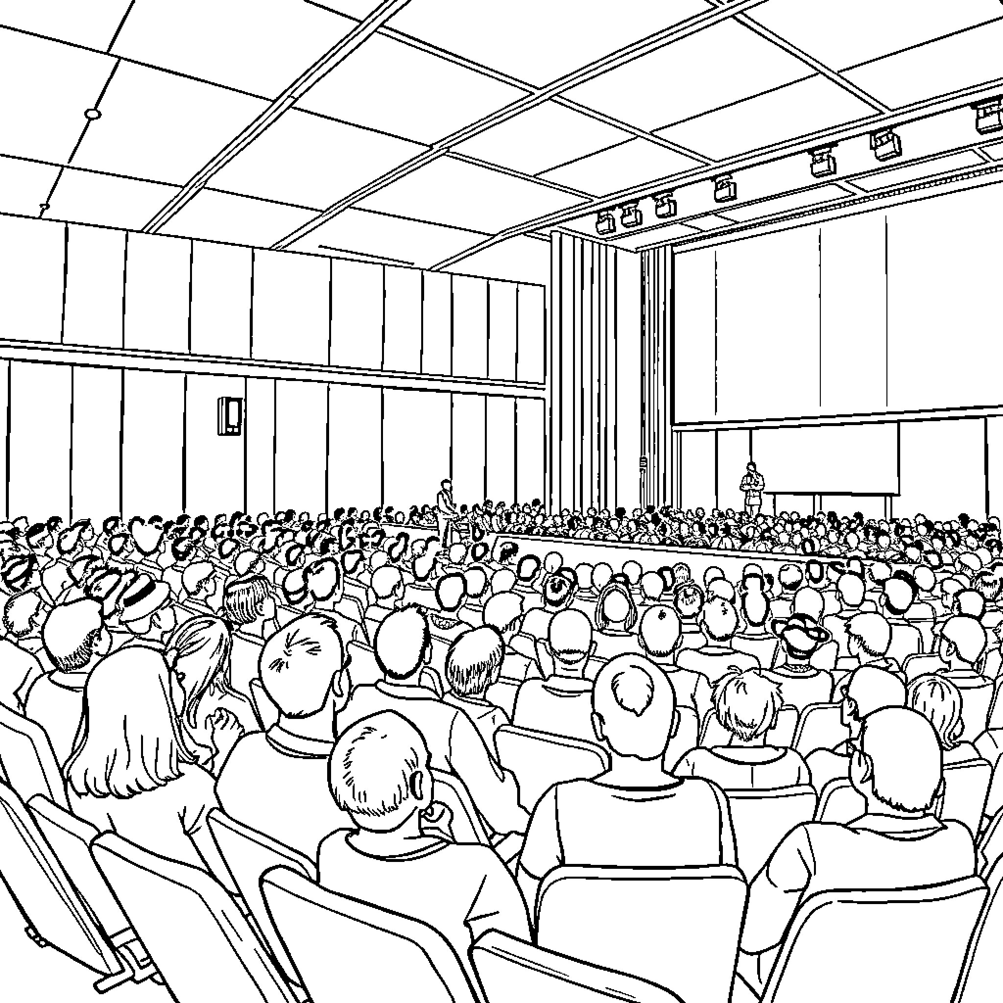 Audience gathered in a large conference hall Coloring Page (free black-and-white line drawing printable PDF for all, from beginners to advanced learners, including children, teens, adults, and seniors)