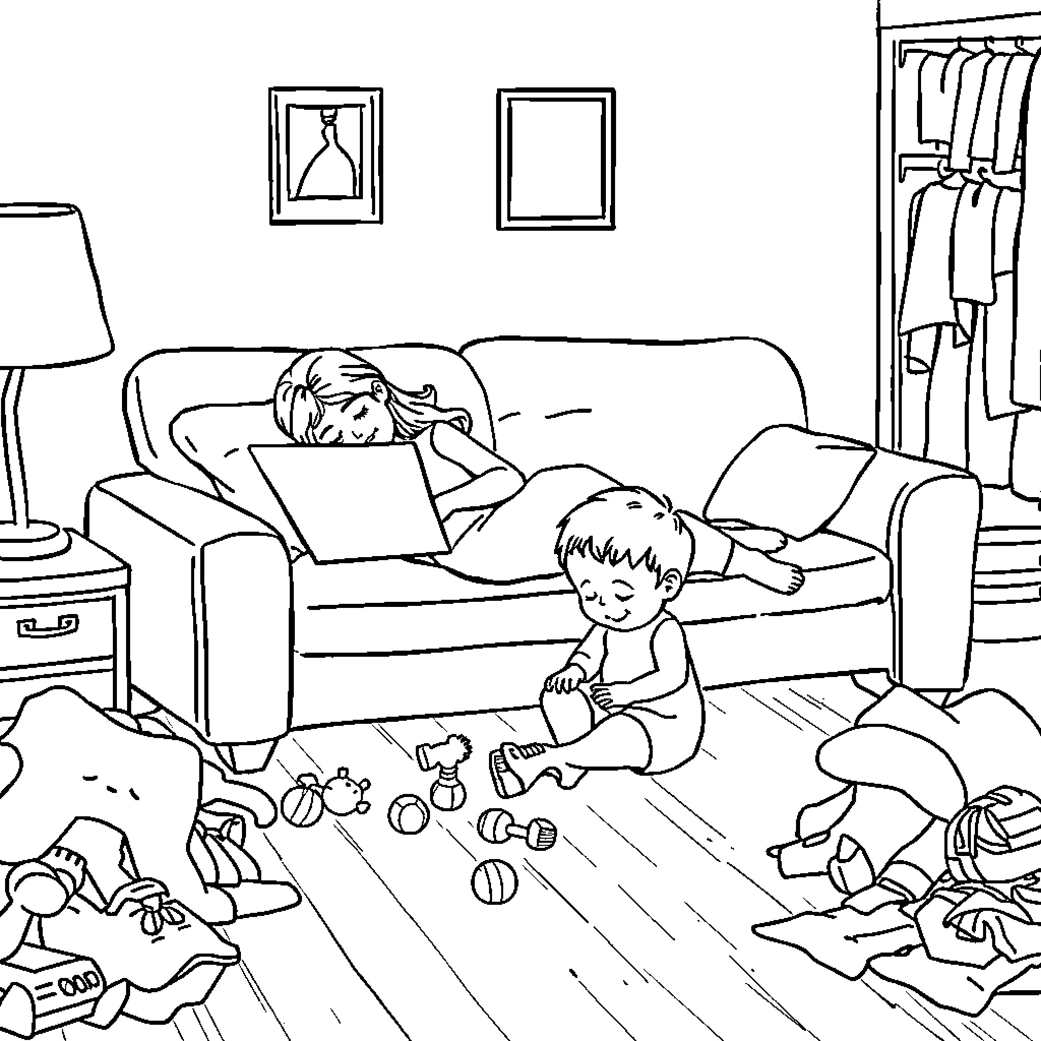 Mom relaxing while child plays with toys at home Coloring Page (free black-and-white line drawing printable PDF for all, from beginners to advanced learners, including children, teens, adults, and seniors)