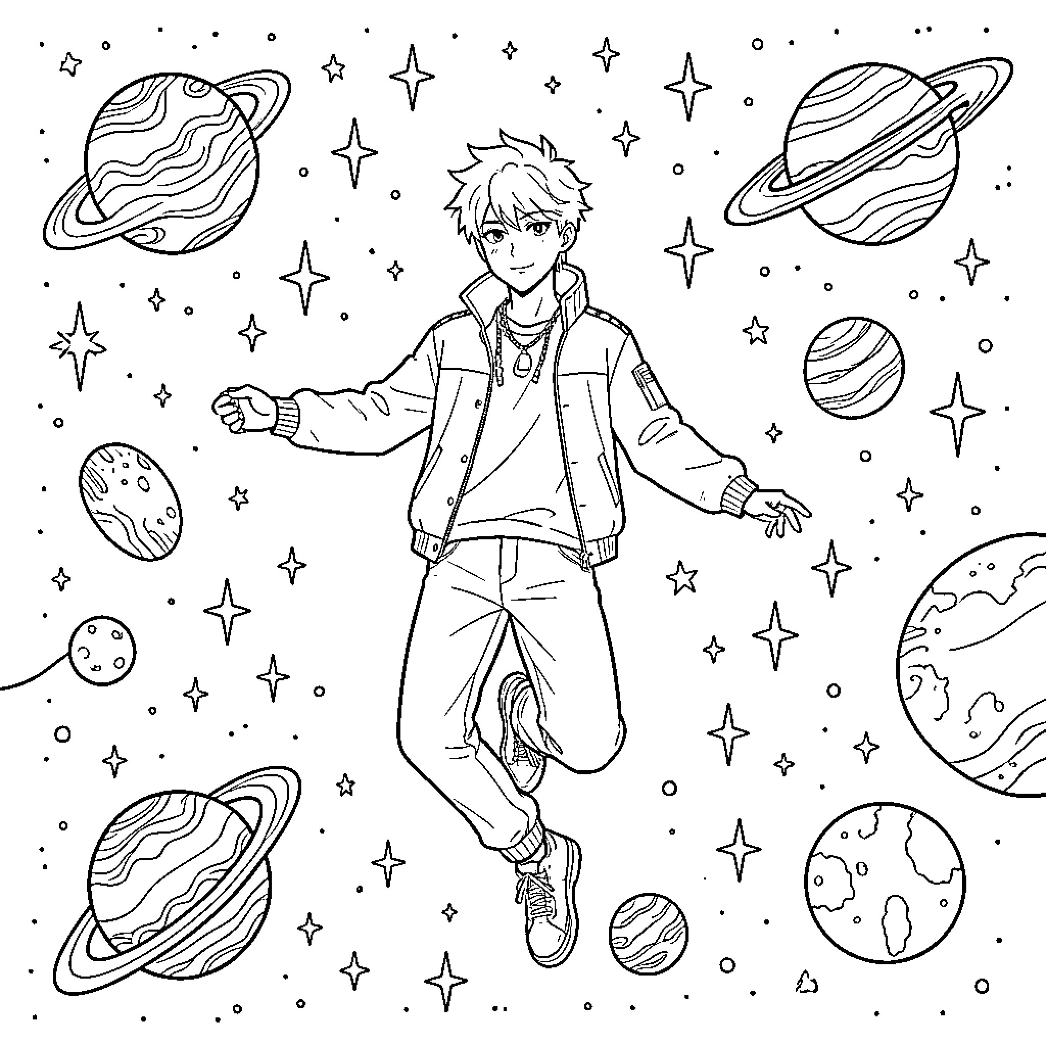 SKZ Drifting in Cosmic Wonderland Coloring Page (free black-and-white line drawing printable PDF for all, from beginners to advanced learners, including children, teens, adults, and seniors)