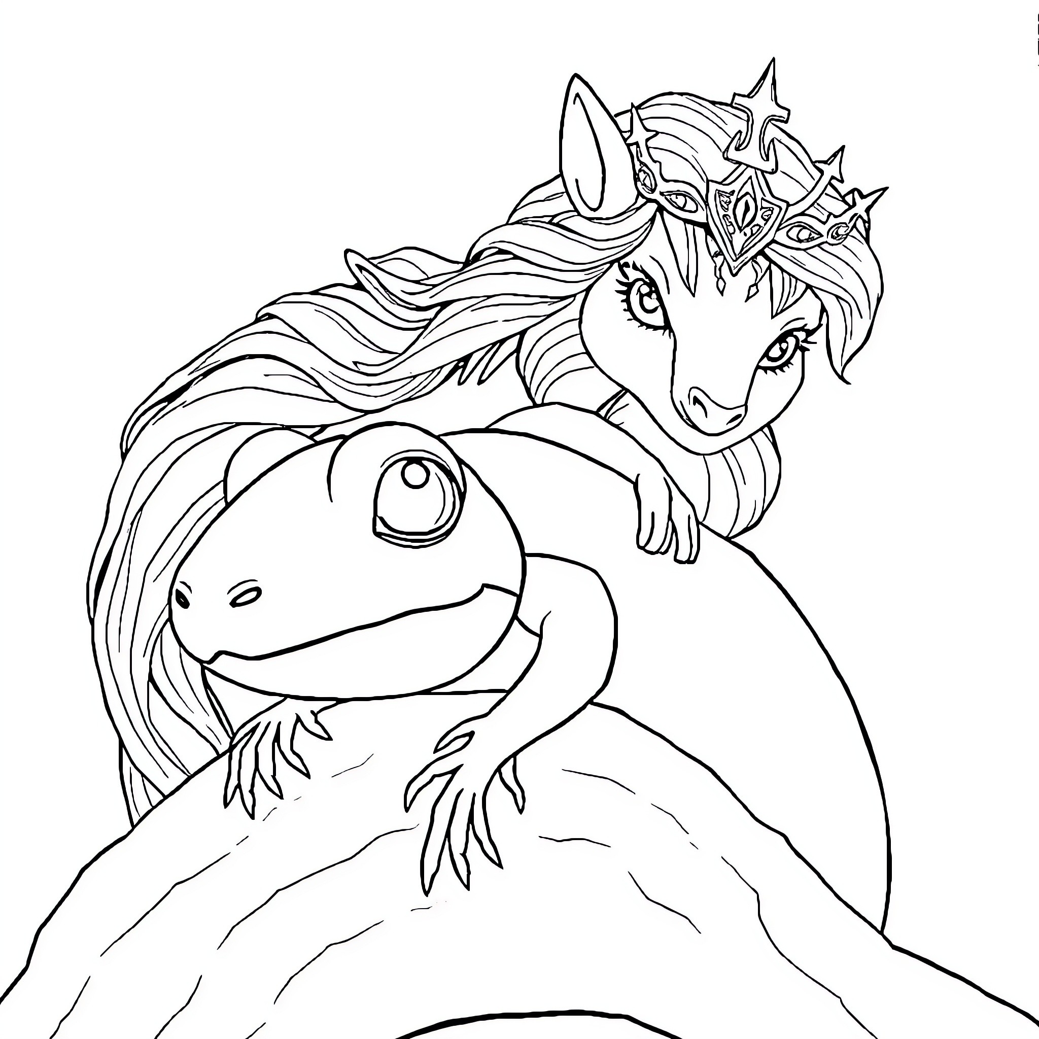 Snow Queen's Whimsical Embrace with Mythical Creature Coloring Page (free black-and-white line drawing printable PDF for all, from beginners to advanced learners, including children, teens, adults, and seniors)