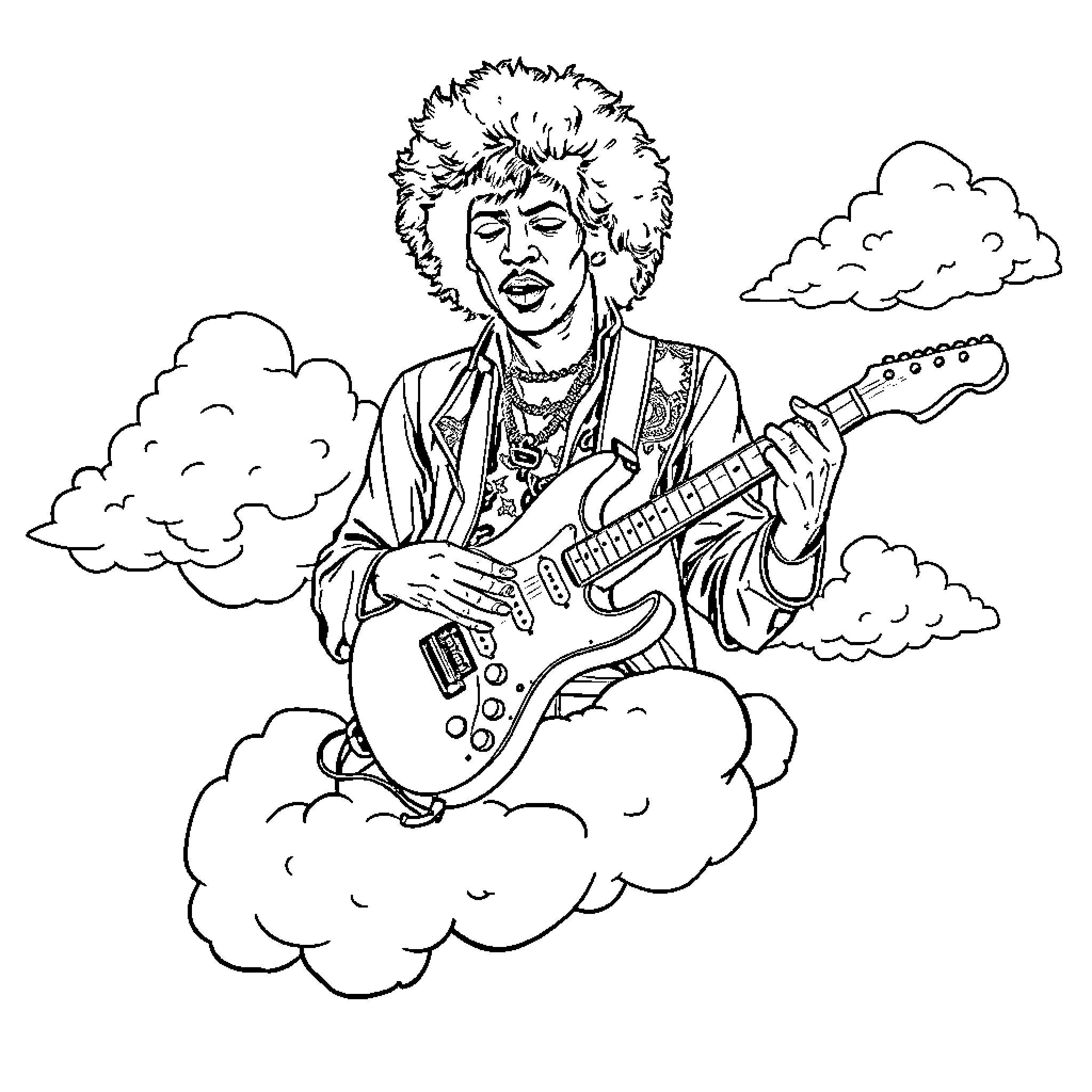 Jimi Hendrix playing guitar on clouds Coloring Page (free black-and-white line drawing printable PDF for all, from beginners to advanced learners, including children, teens, adults, and seniors)
