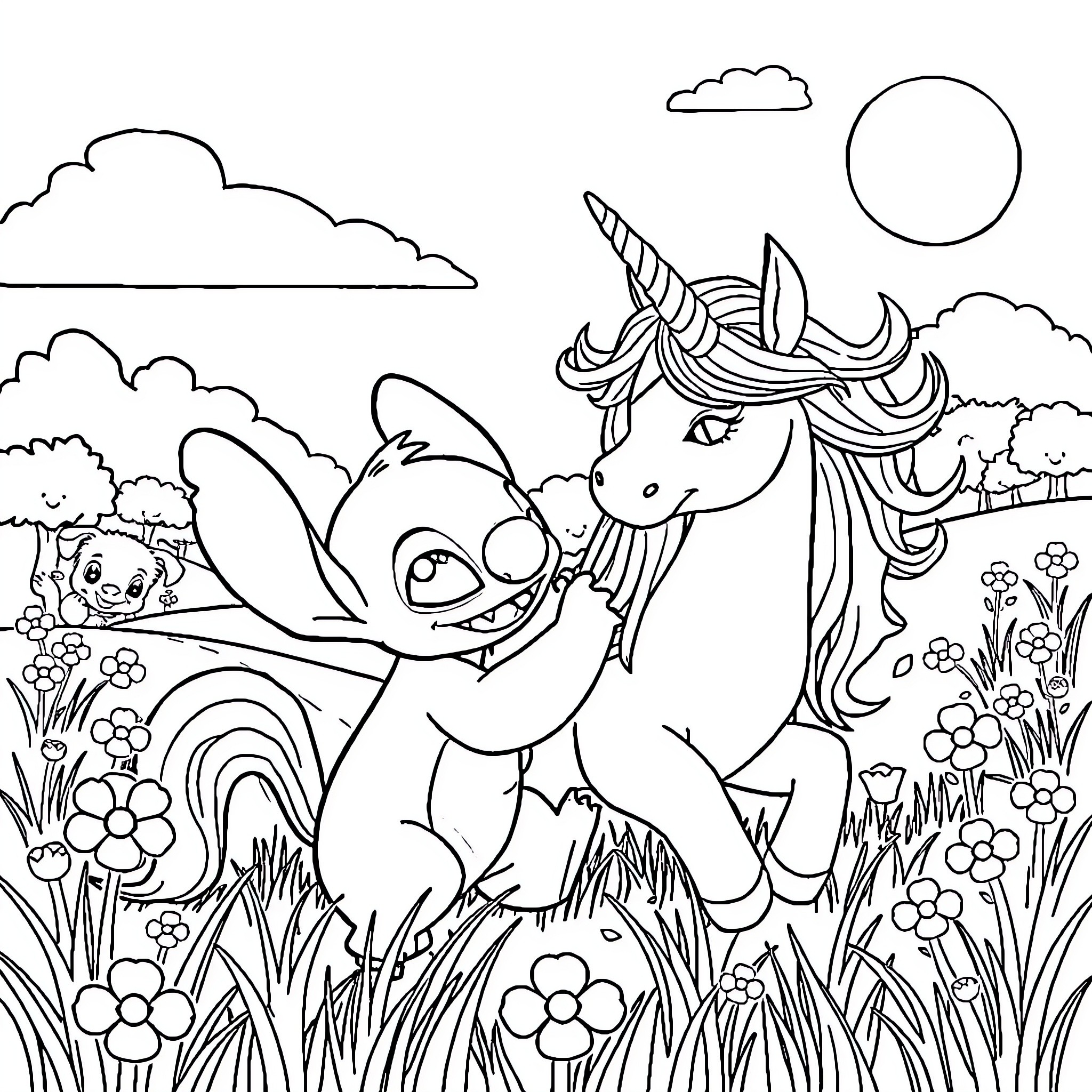 Stitch and Unicorn Sharing a Whimsical Moment Coloring Page (free black-and-white line drawing printable PDF for all, from beginners to advanced learners, including children, teens, adults, and seniors)