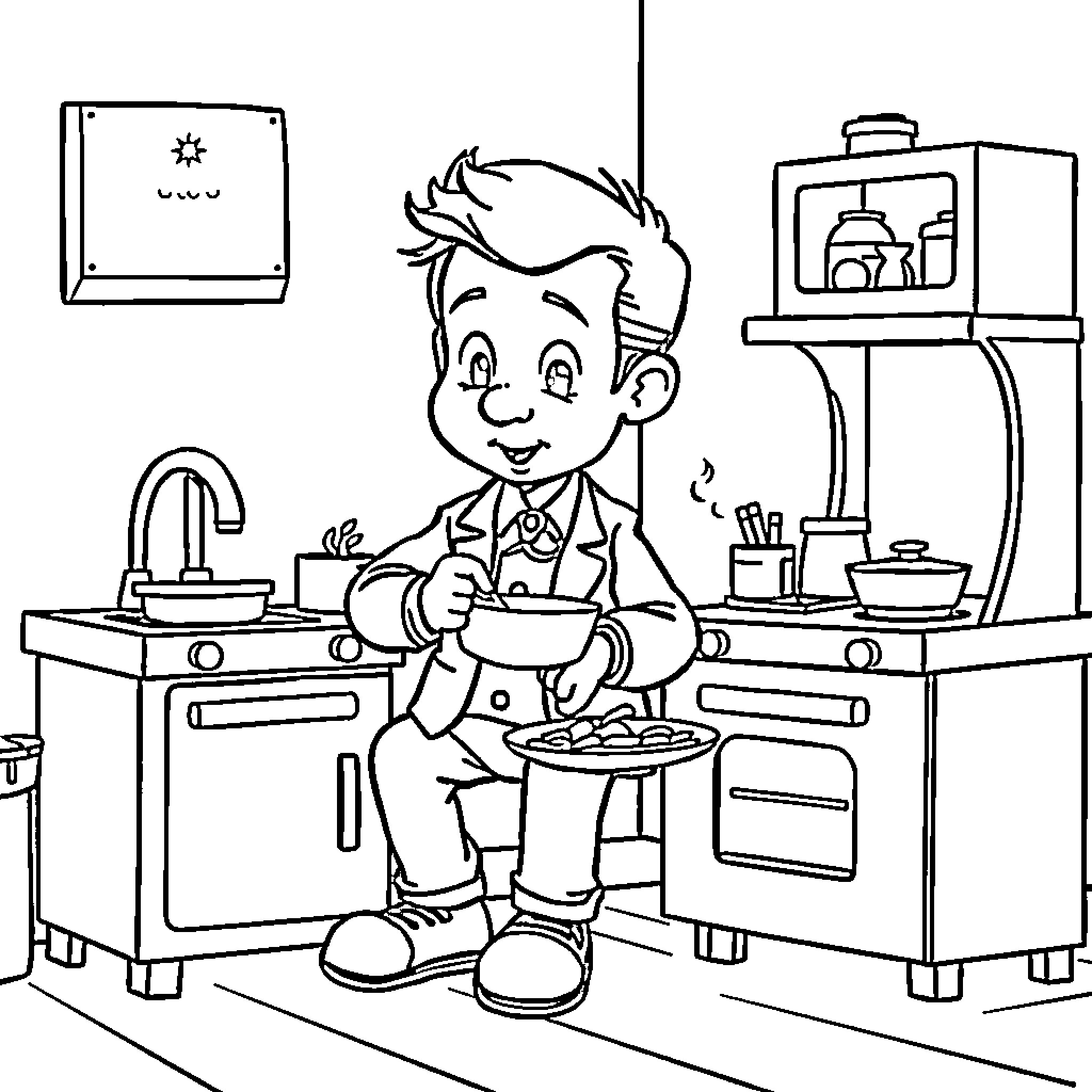 Macron cooking happily in the kitchen Coloring Page (free black-and-white line drawing printable PDF for all, from beginners to advanced learners, including children, teens, adults, and seniors)