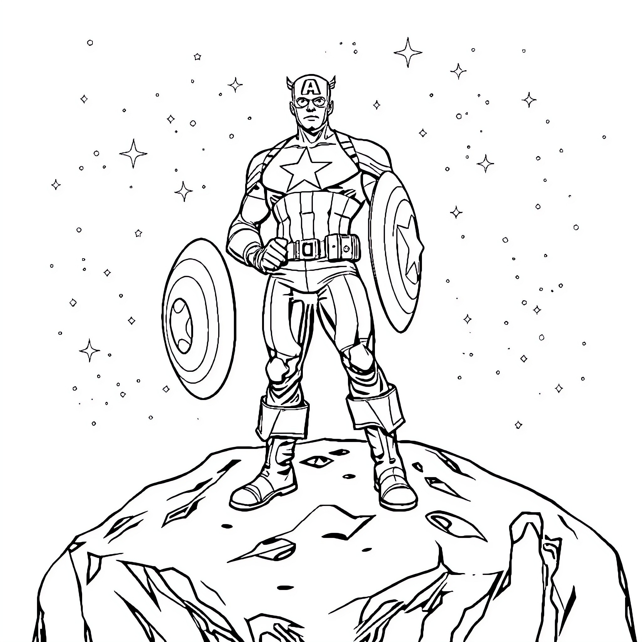 Captain America Heroically Stands on Mountaintop Coloring Page (free black-and-white line drawing printable PDF for all, from beginners to advanced learners, including children, teens, adults, and seniors)
