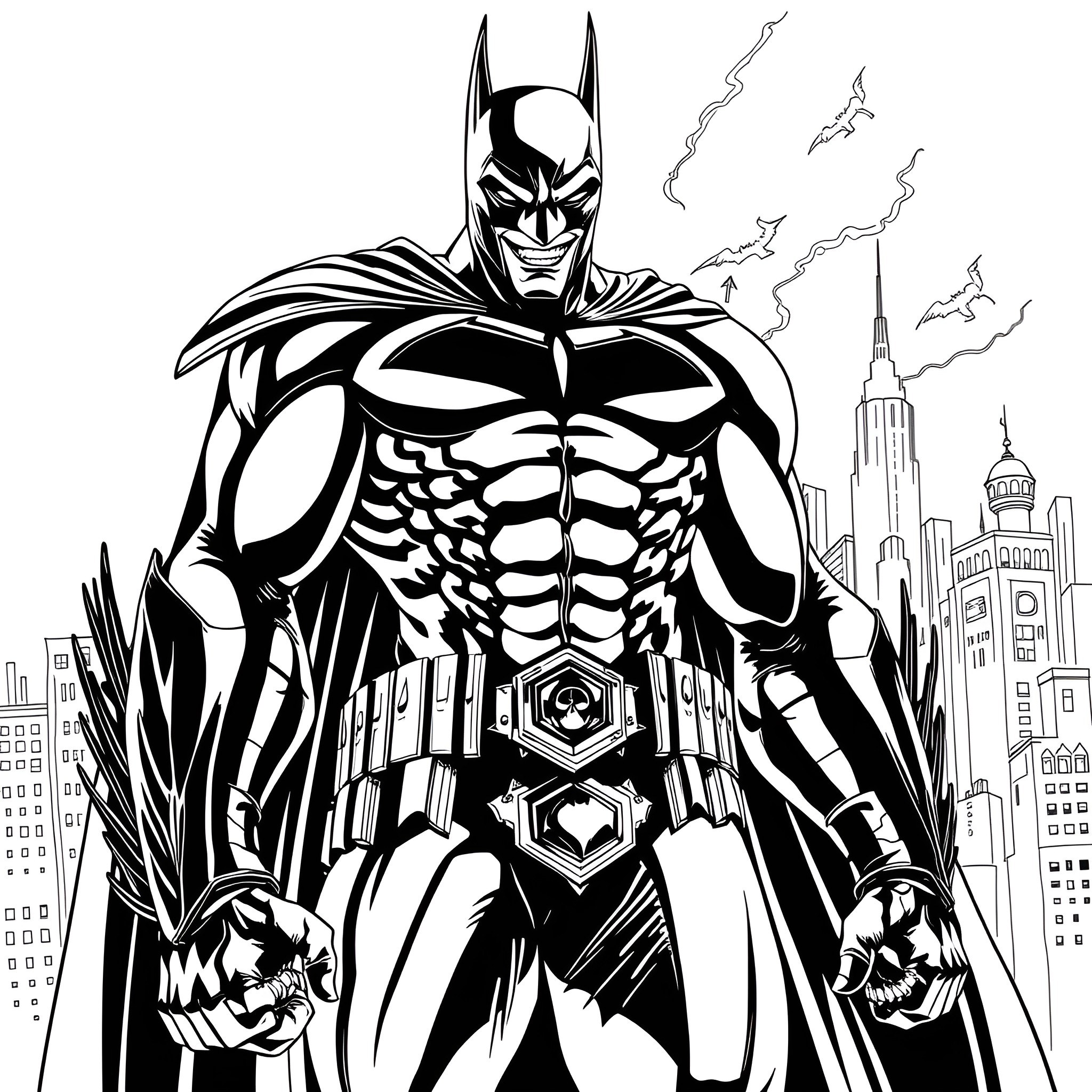 Batman in epic battle mode against the city backdrop Coloring Page (free black-and-white line drawing printable PDF for all, from beginners to advanced learners, including children, teens, adults, and seniors)