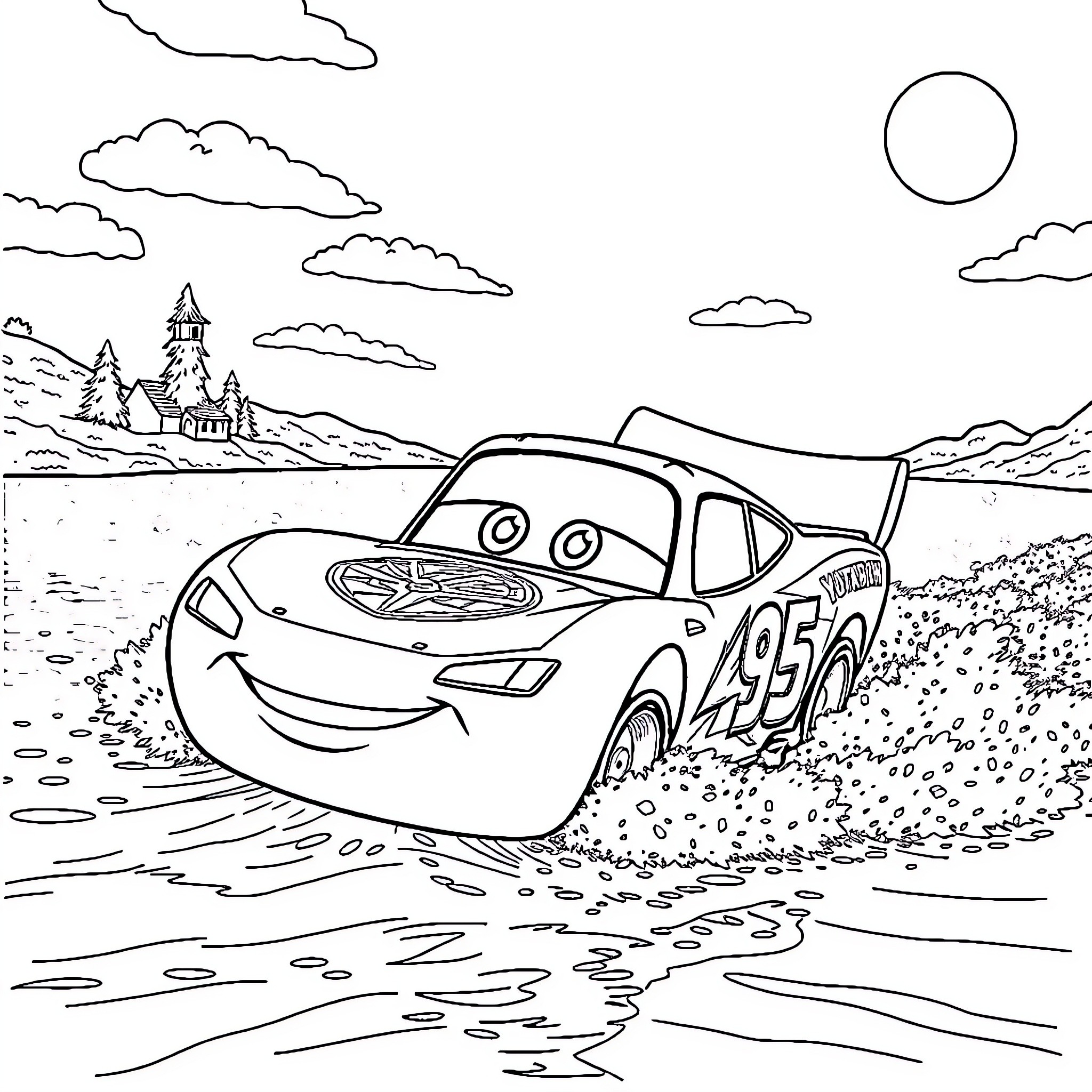 Lightning McQueen cruising through a scenic landscape Coloring Page (free black-and-white line drawing printable PDF for all, from beginners to advanced learners, including children, teens, adults, and seniors)